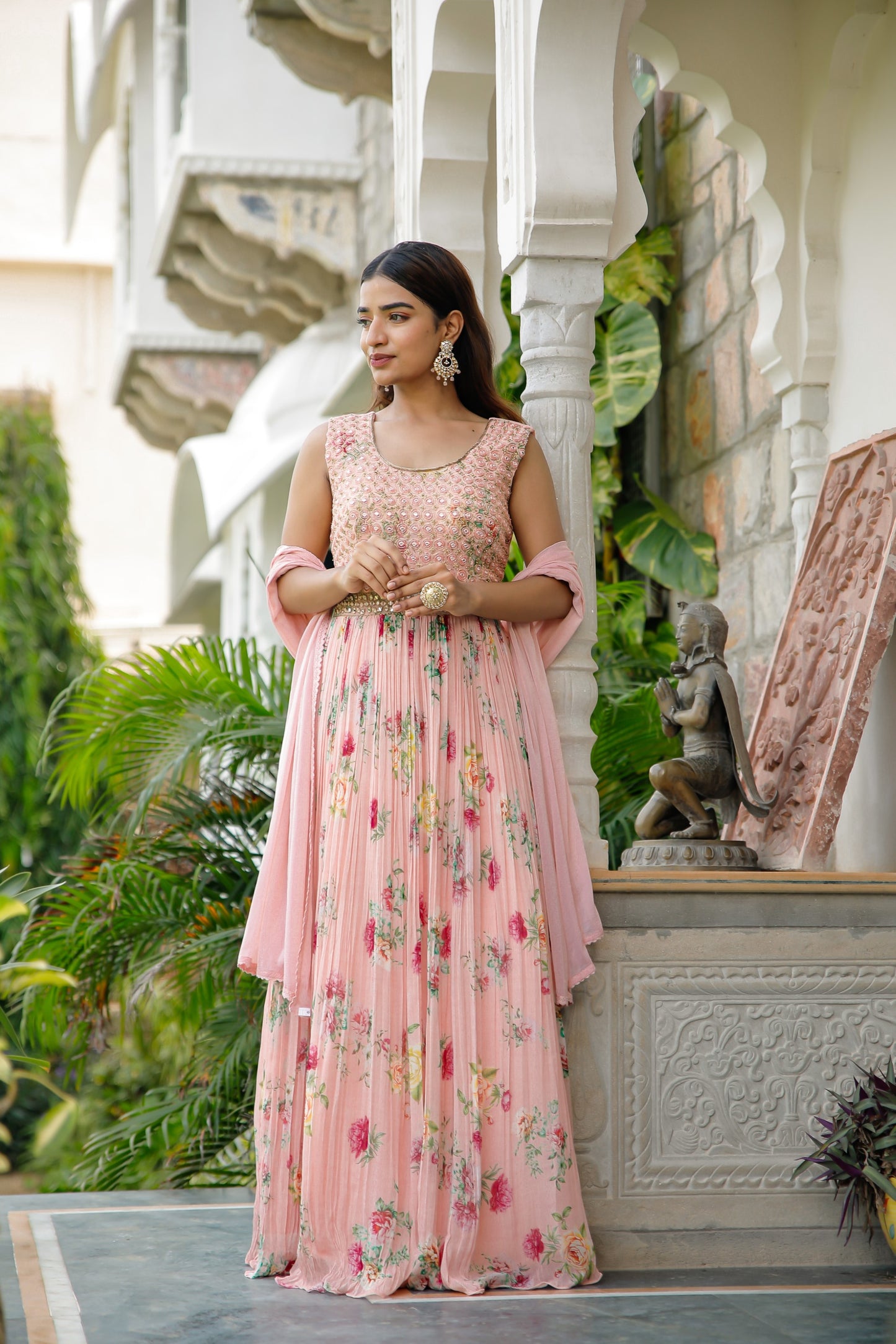 Baby Pink Floral Printed Anarkali Set With Embroidery