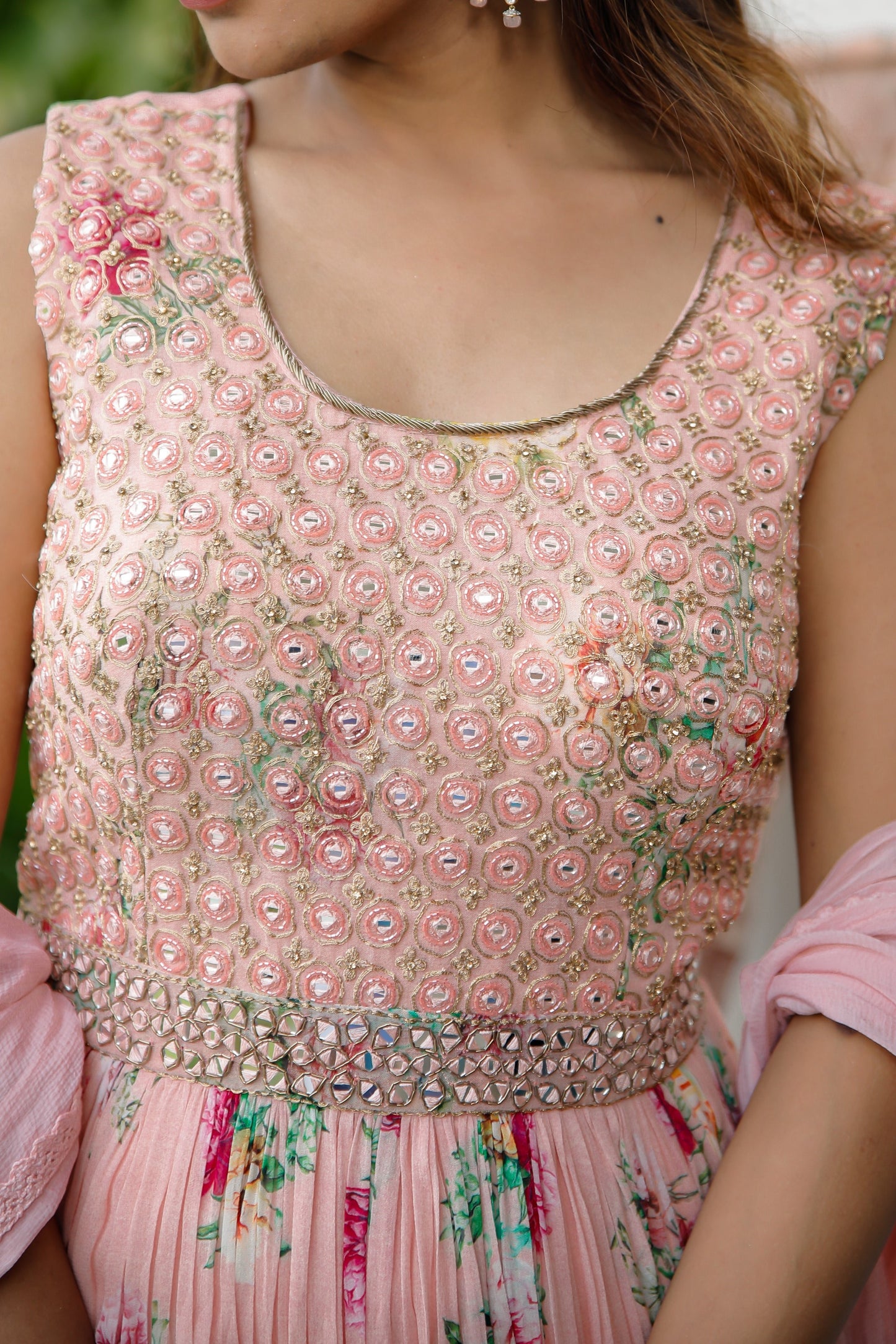 Baby Pink Floral Printed Anarkali Set With Embroidery