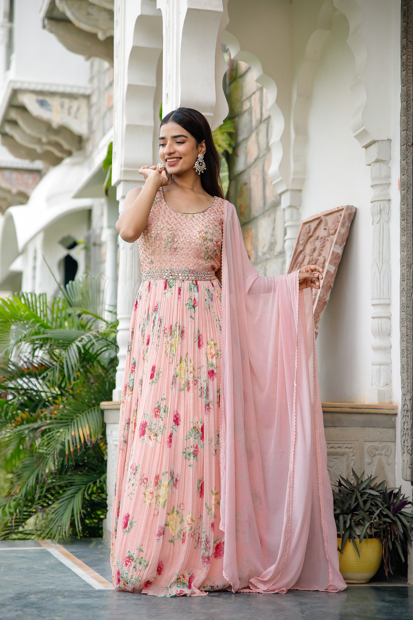 Baby Pink Floral Printed Anarkali Set With Embroidery