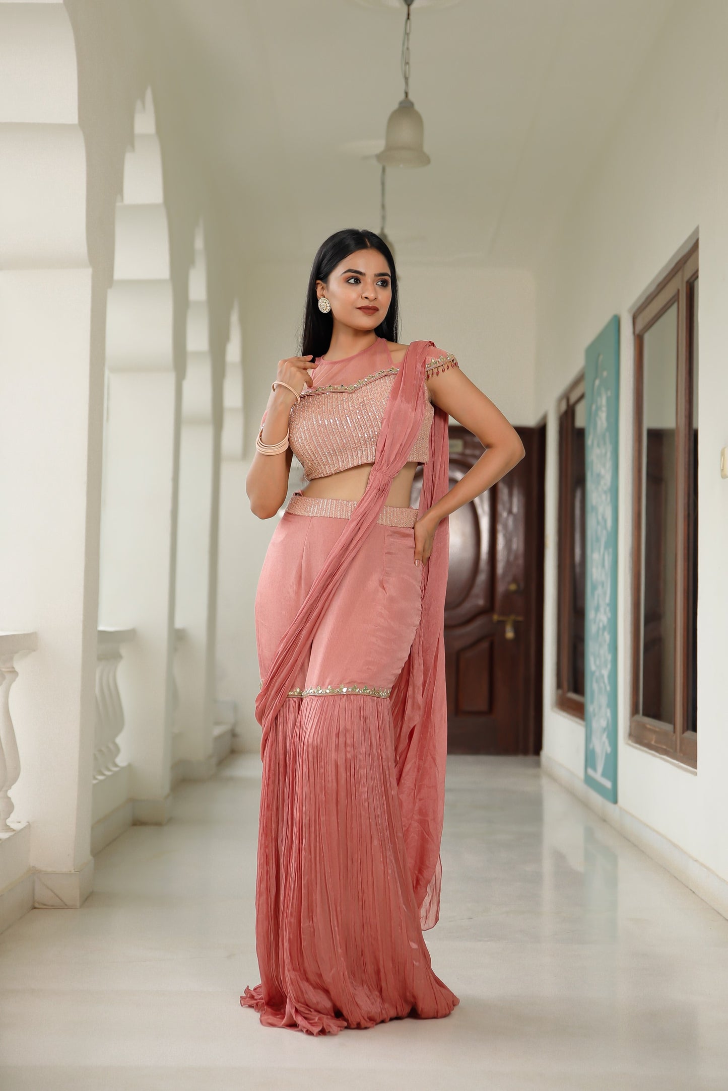Rusty Pink Organza Crush Mermaid Cut Drape Saree