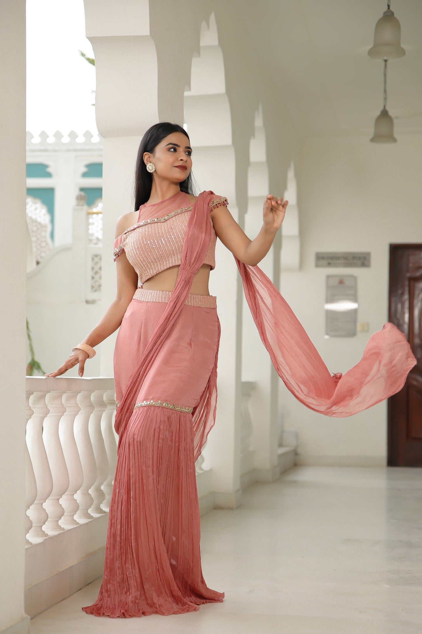 Rusty Pink Organza Crush Mermaid Cut Drape Saree