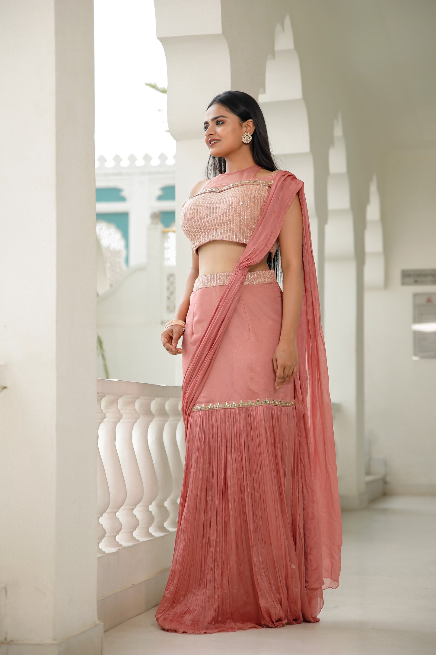 Rusty Pink Organza Crush Mermaid Cut Drape Saree