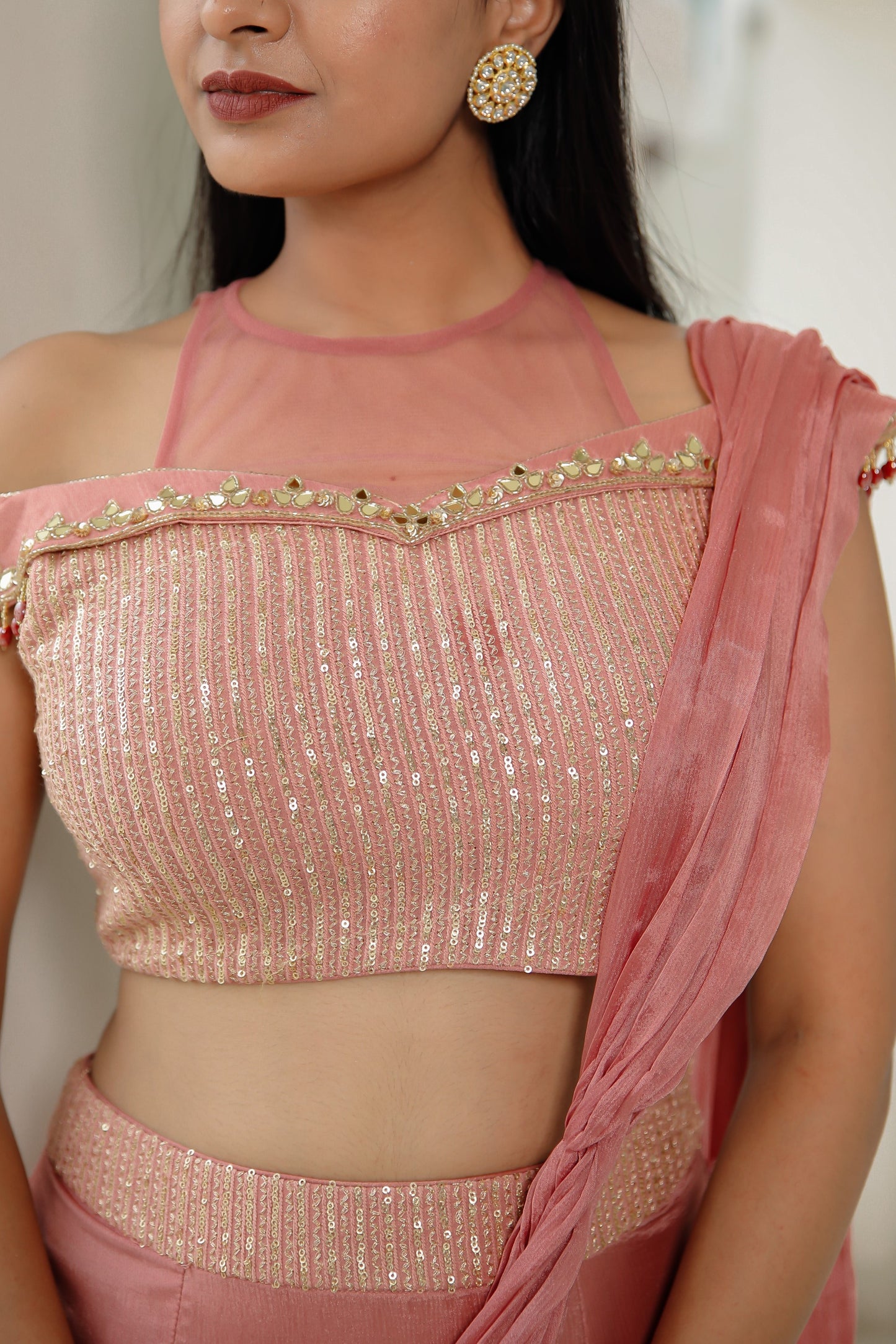 Rusty Pink Organza Crush Mermaid Cut Drape Saree