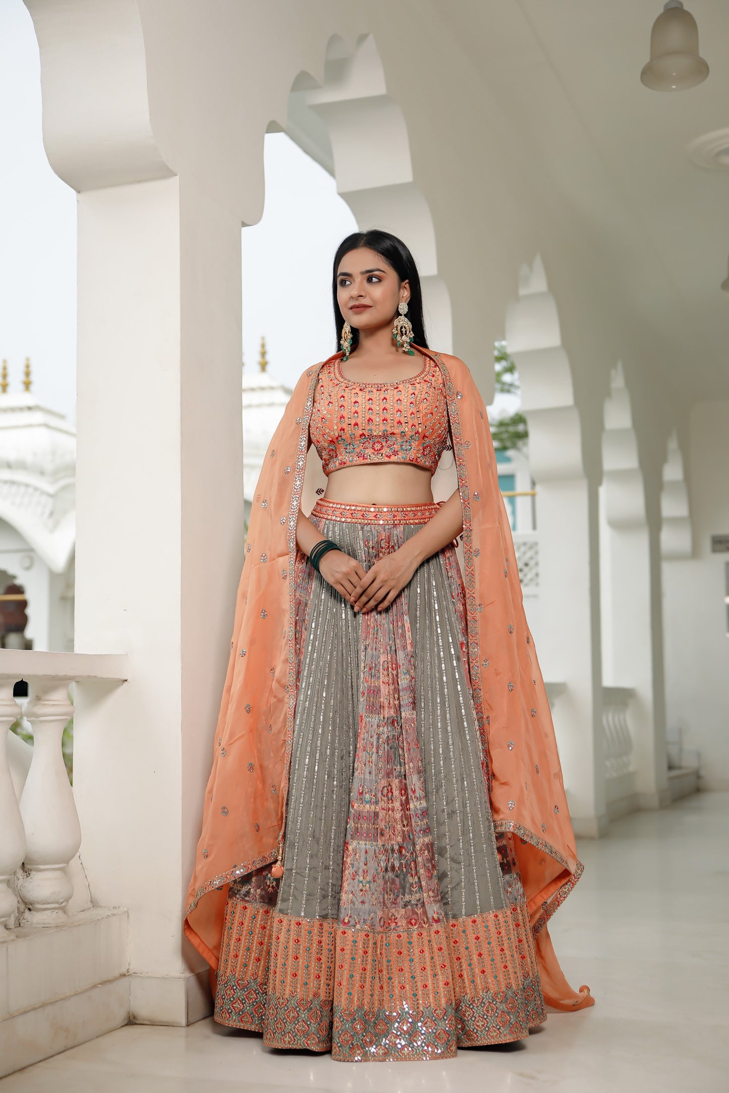 Multi Coloured and Colar Orange Crepe Chinnon Skirt Set