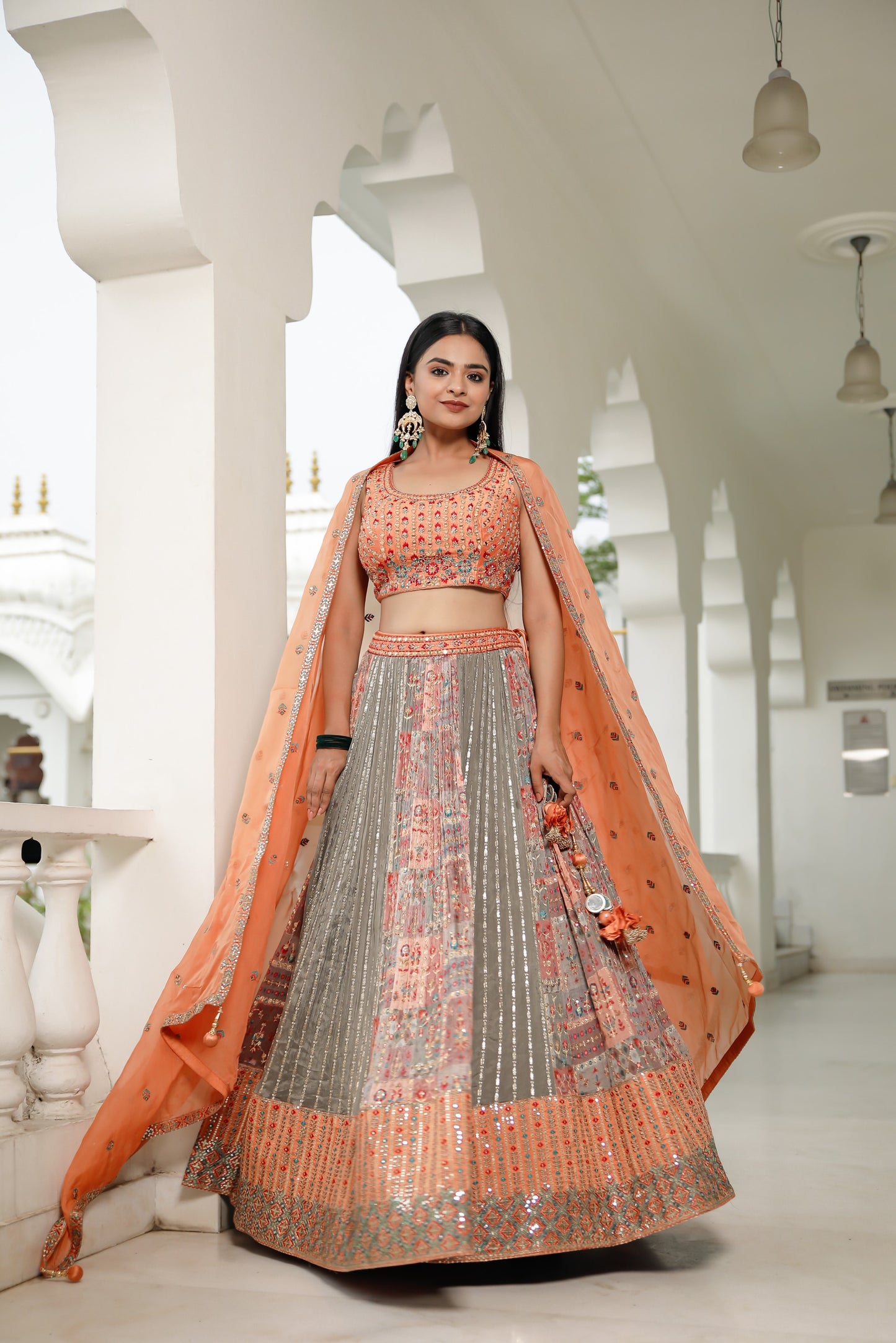 Multi Coloured and Colar Orange Crepe Chinnon Skirt Set