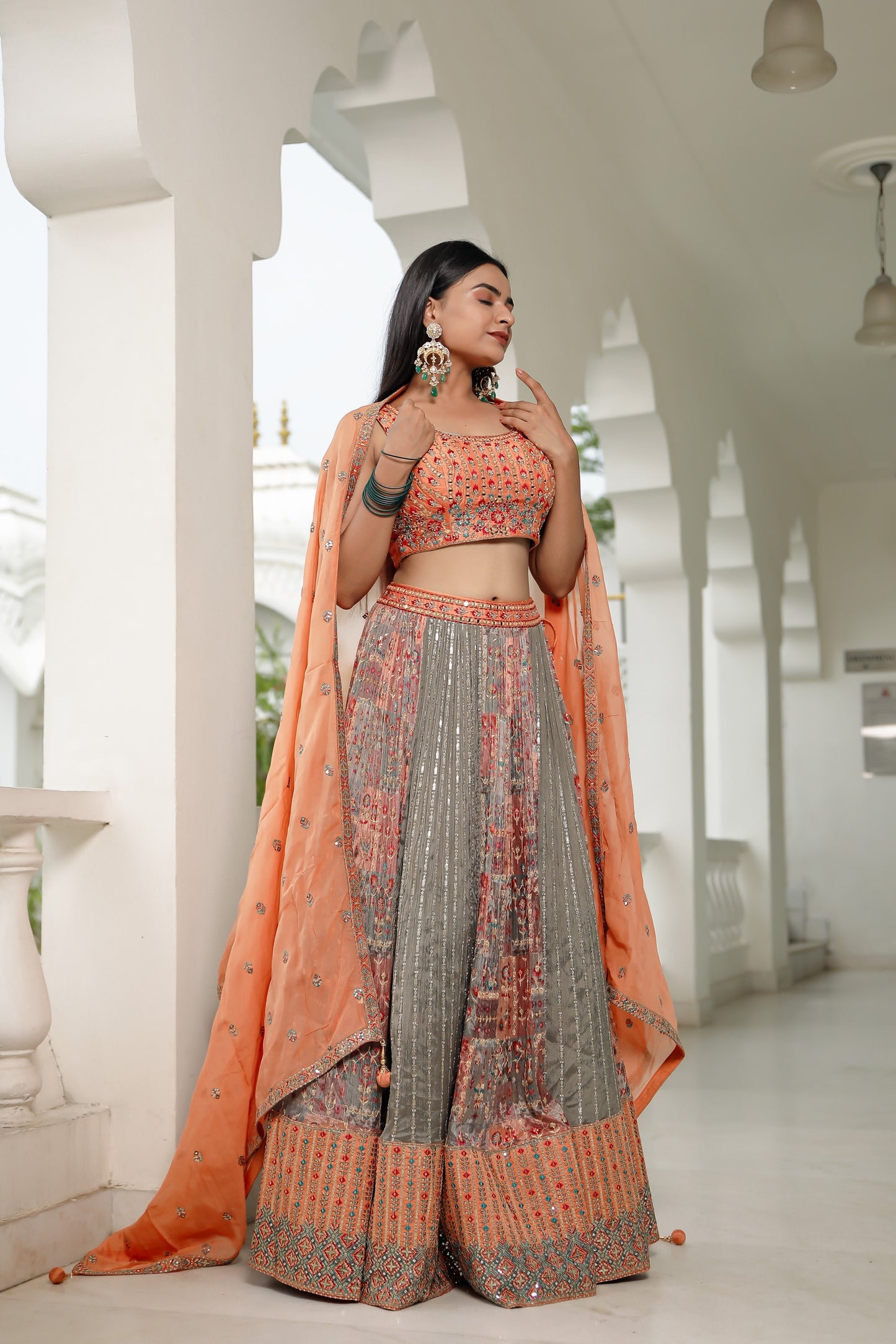 Multi Coloured and Colar Orange Crepe Chinnon Skirt Set