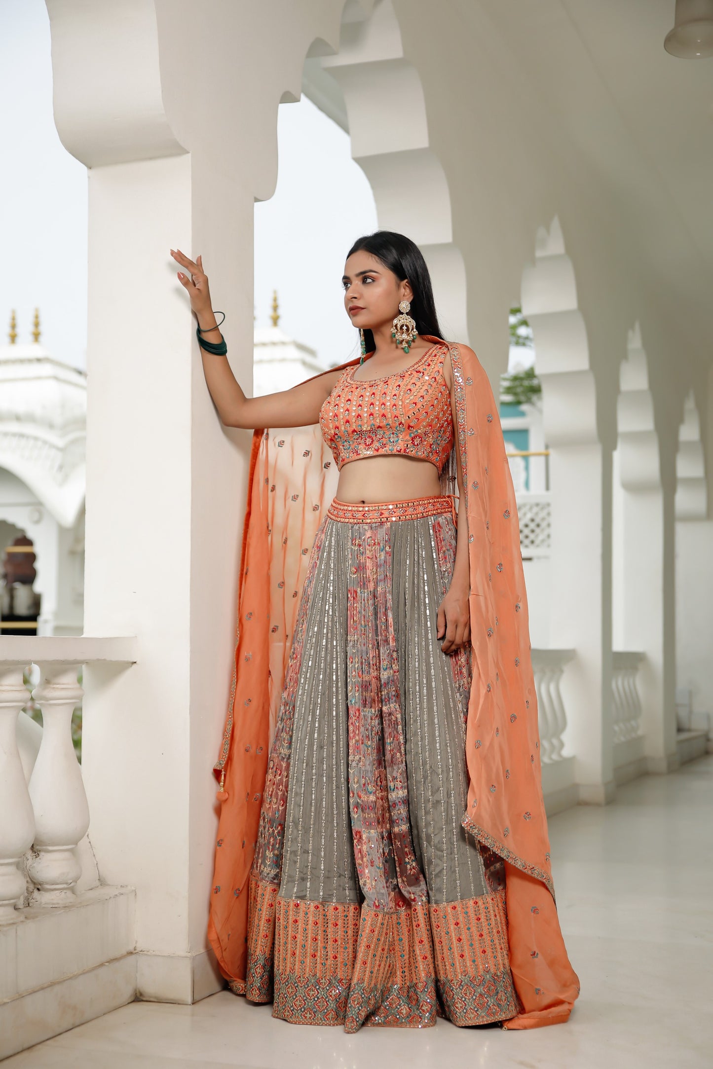 Multi Coloured and Colar Orange Crepe Chinnon Skirt Set