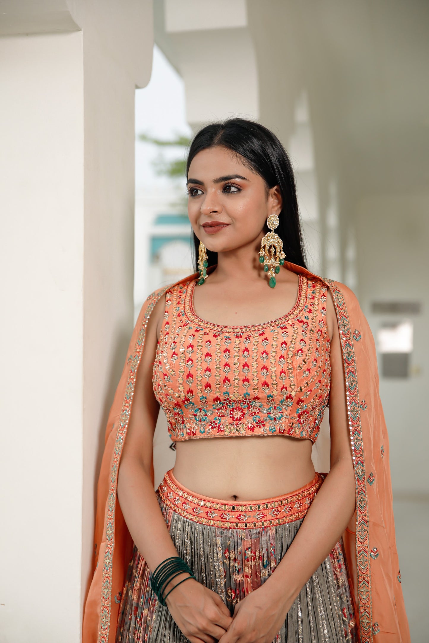 Multi Coloured and Colar Orange Crepe Chinnon Skirt Set