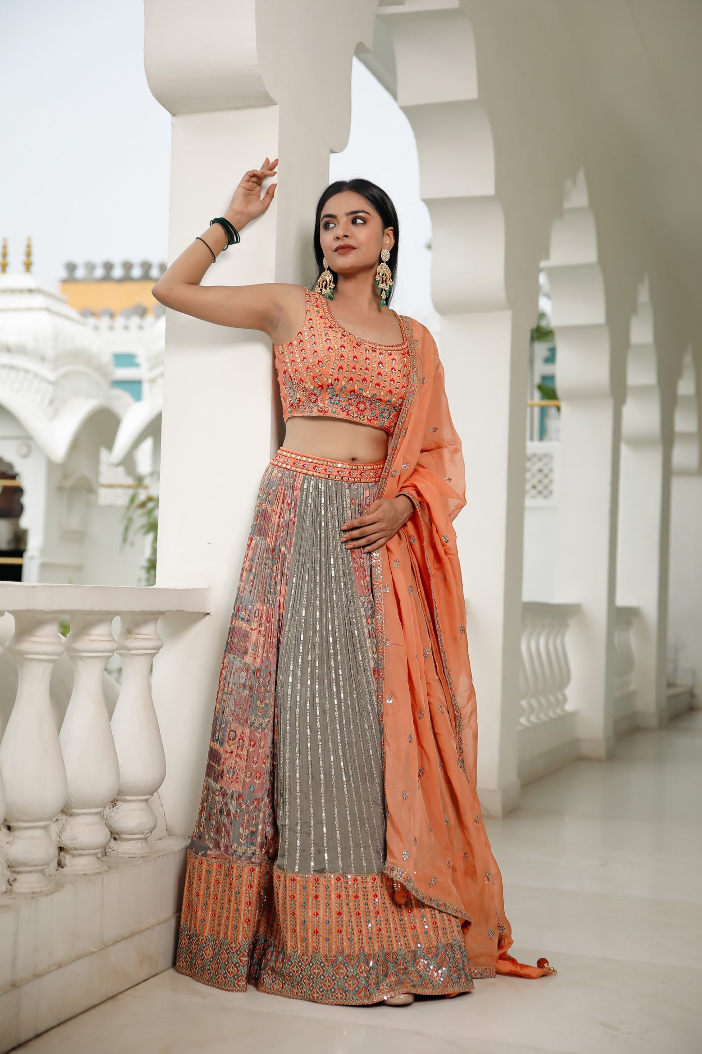 Multi Coloured and Colar Orange Crepe Chinnon Skirt Set