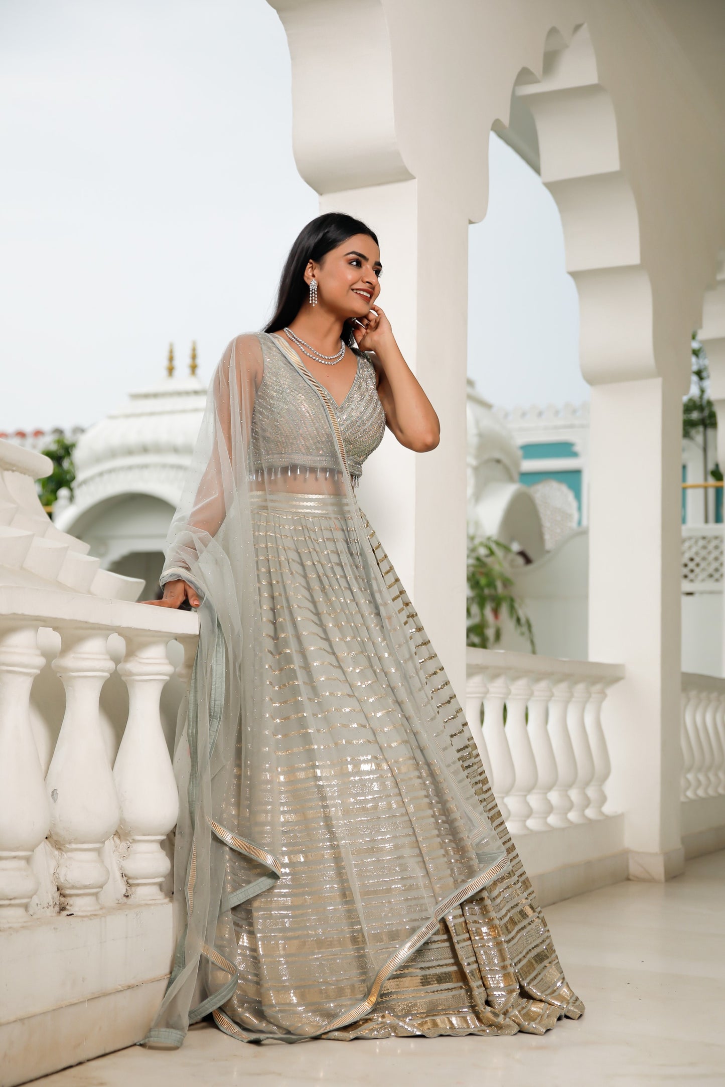 Cloudy Grey Mukaish Work Embellished Georgette Skirt Set