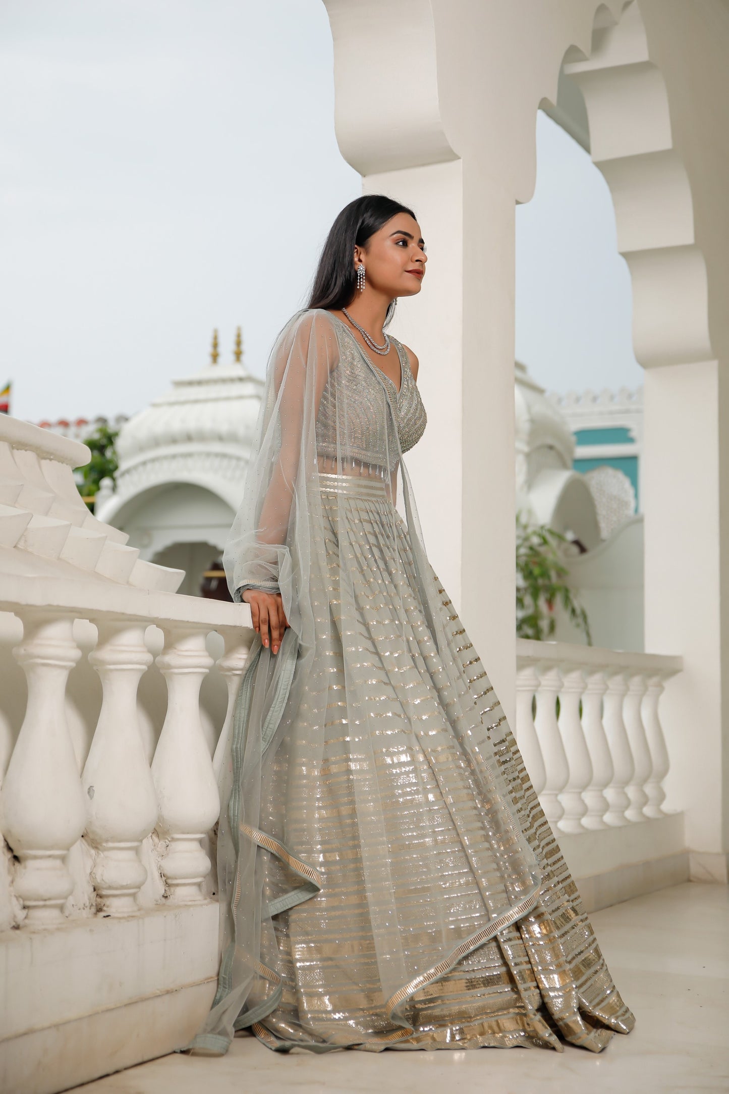 Cloudy Grey Mukaish Work Embellished Georgette Skirt Set