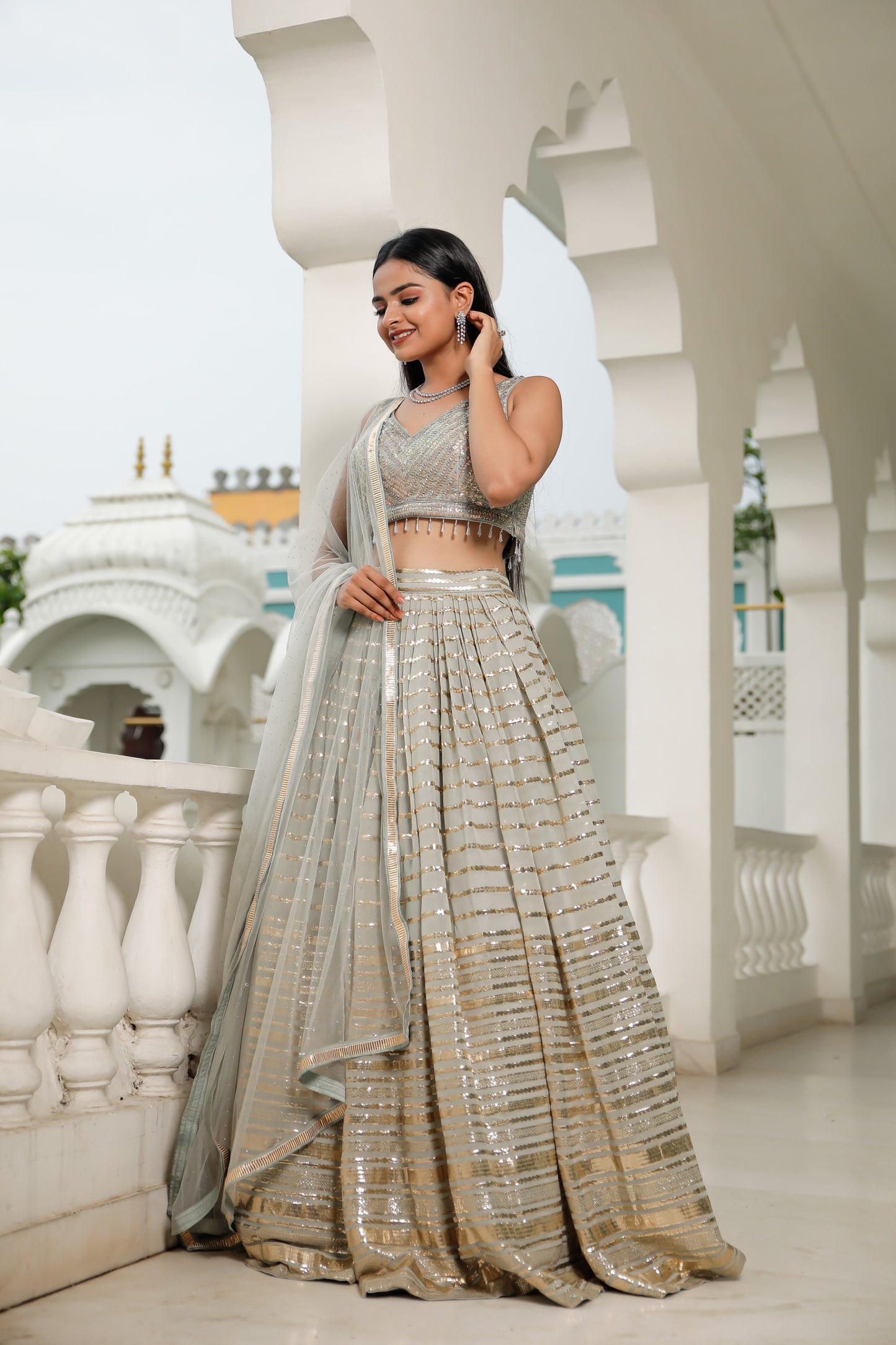 Cloudy Grey Mukaish Work Embellished Georgette Skirt Set