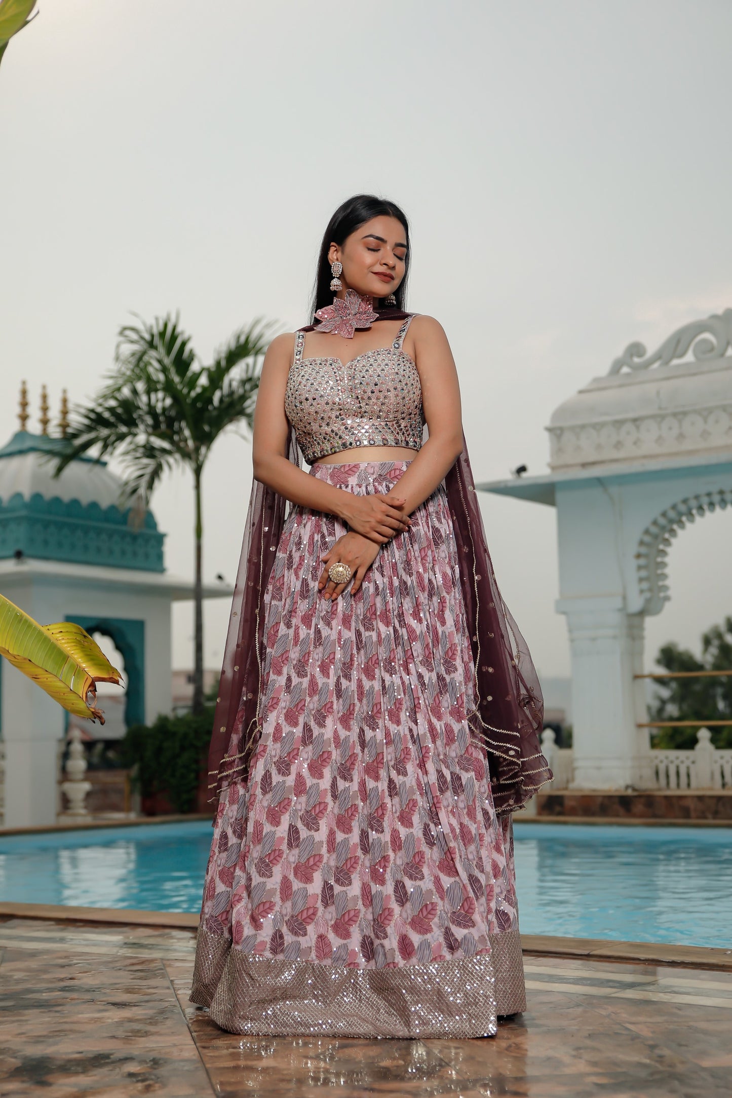 Purple Embellished And Printed Skirt Set With Dupatta
