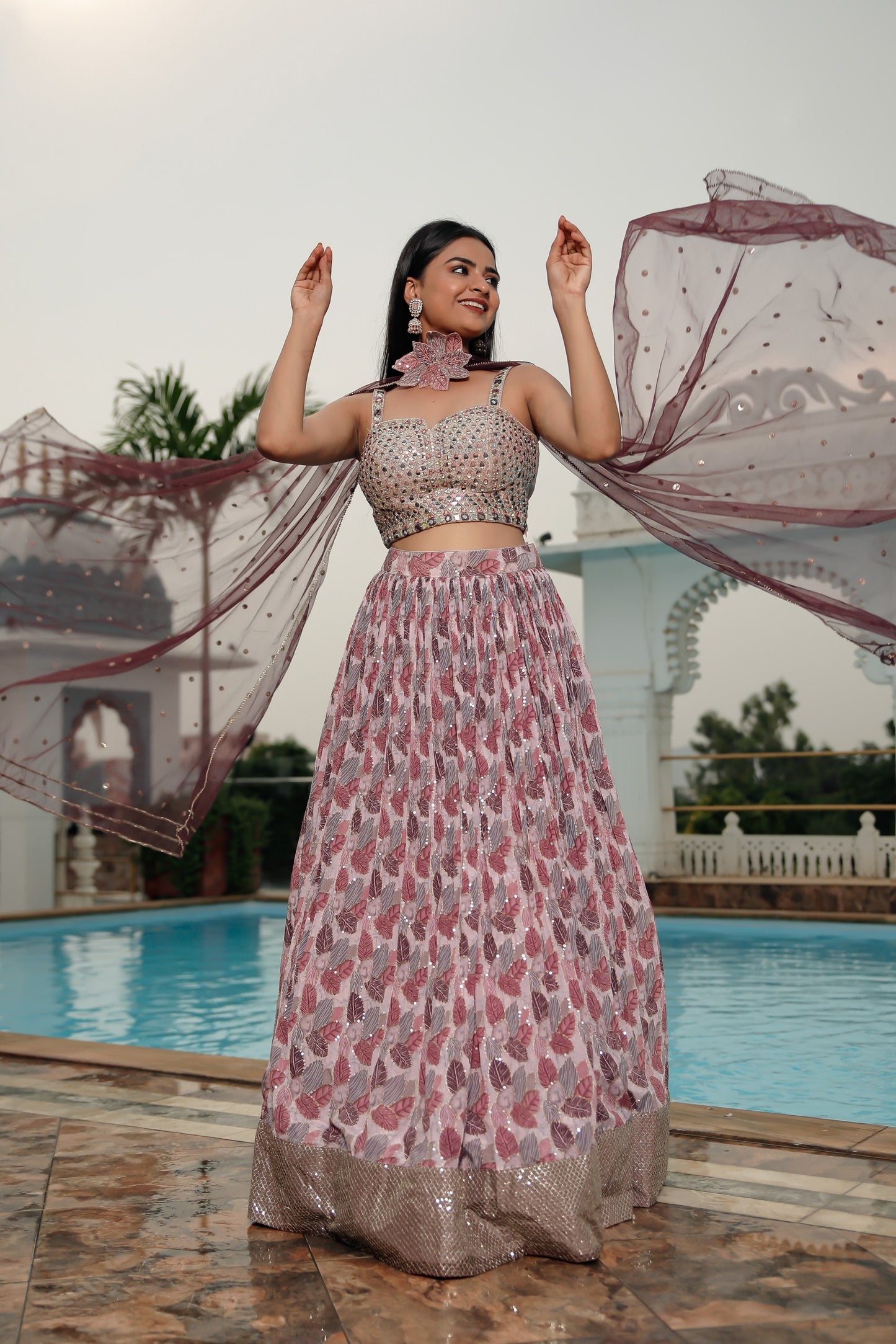 Purple Embellished And Printed Skirt Set With Dupatta