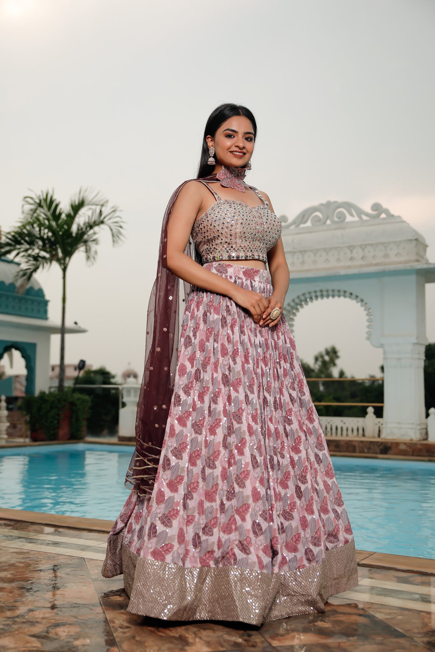 Purple Embellished And Printed Skirt Set With Dupatta