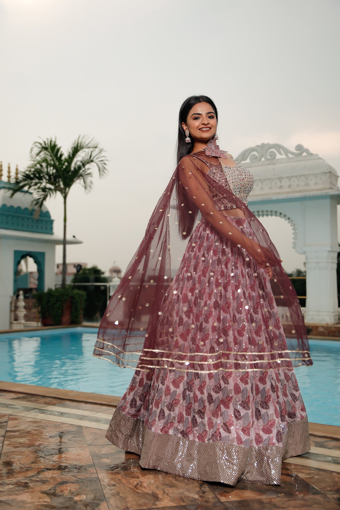 Purple Embellished And Printed Skirt Set With Dupatta