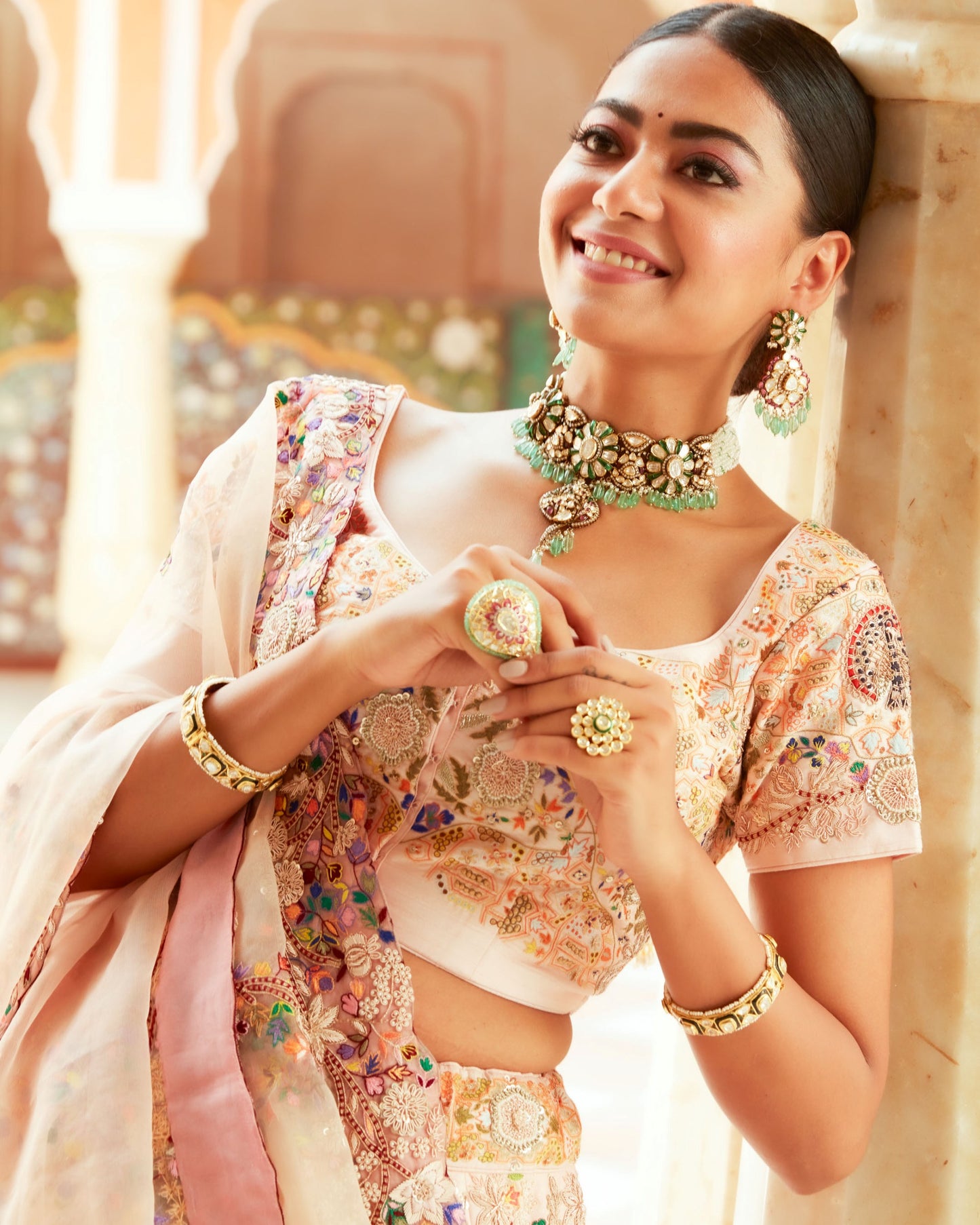 Peach Lehenga Choli In Raw Silk With Colorful Resham Work With Golden Zardozi Embroidered Floral Jaal