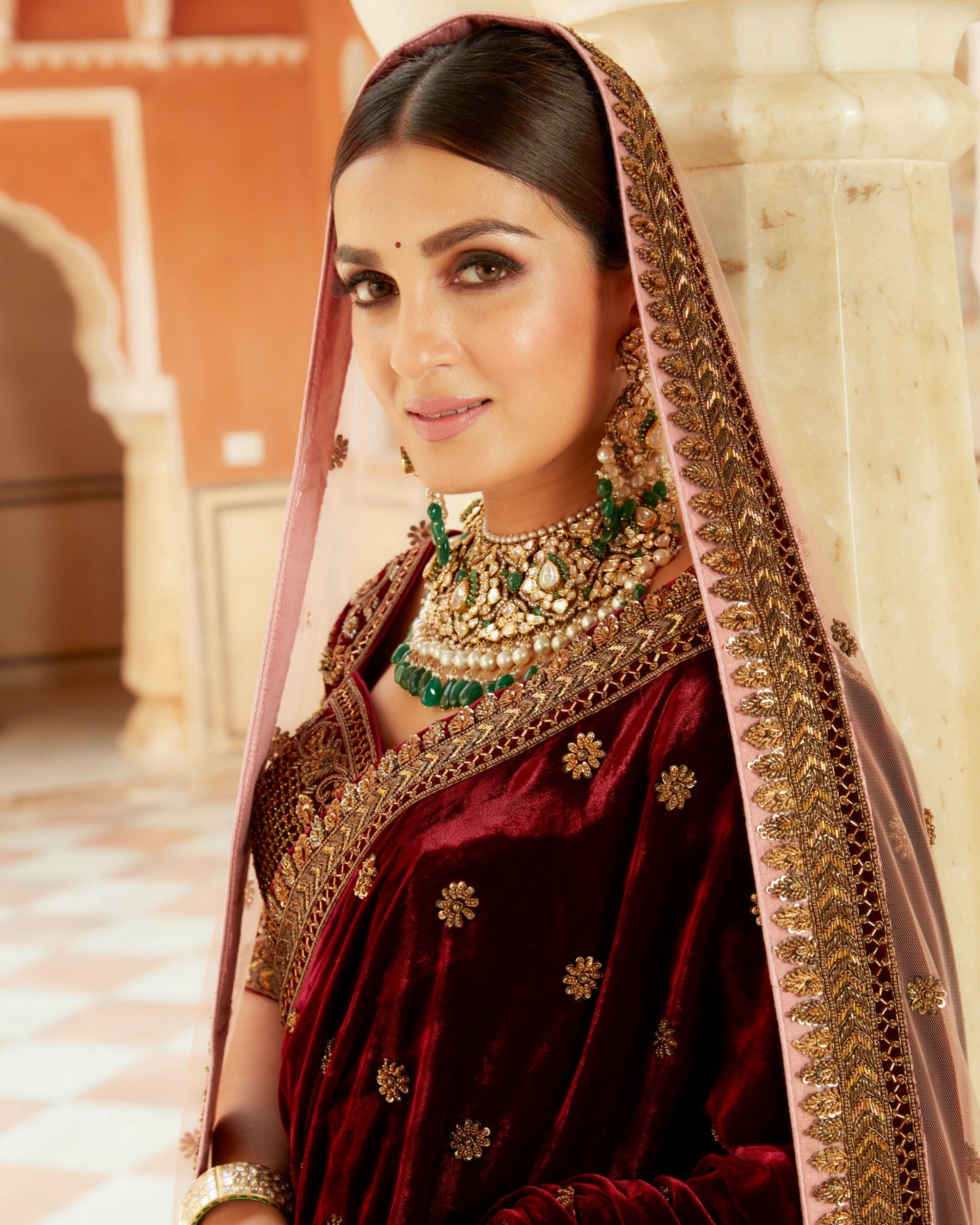 Blush Pink Lehenga In Organza Silk With Maroon Velvet Highlights Having Antique Hand Work On It
