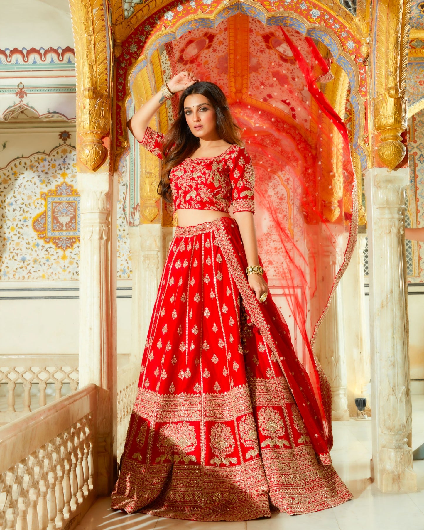 Dastur Red Royal Heritage Lehenga And Choli Set In Geometric Floral Motifs Embroidered With Sequin, Zari, Cut Dana, Moti And Zardozi