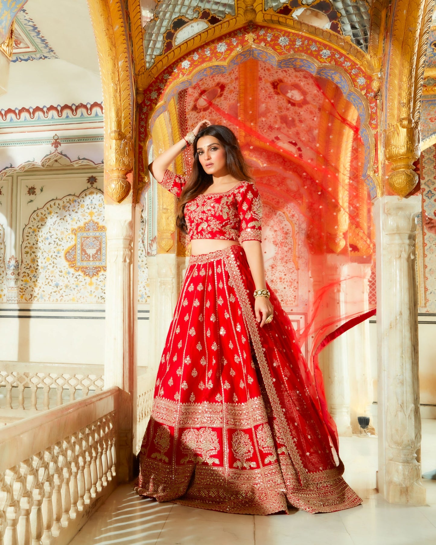 Dastur Red Royal Heritage Lehenga And Choli Set In Geometric Floral Motifs Embroidered With Sequin, Zari, Cut Dana, Moti And Zardozi