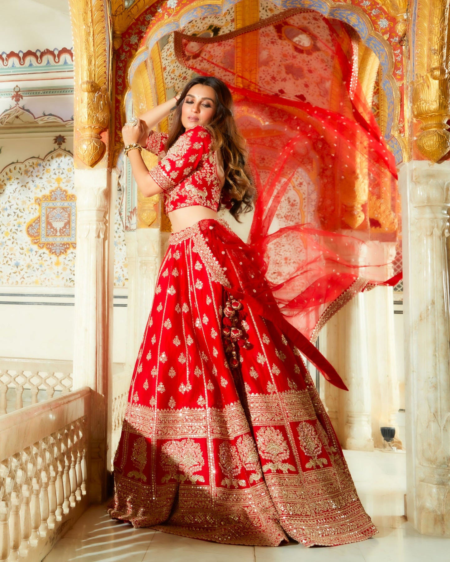 Dastur Red Royal Heritage Lehenga And Choli Set In Geometric Floral Motifs Embroidered With Sequin, Zari, Cut Dana, Moti And Zardozi