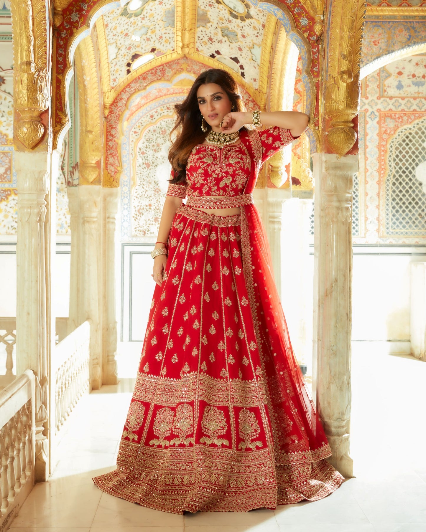 Dastur Red Royal Heritage Lehenga And Choli Set In Geometric Floral Motifs Embroidered With Sequin, Zari, Cut Dana, Moti And Zardozi