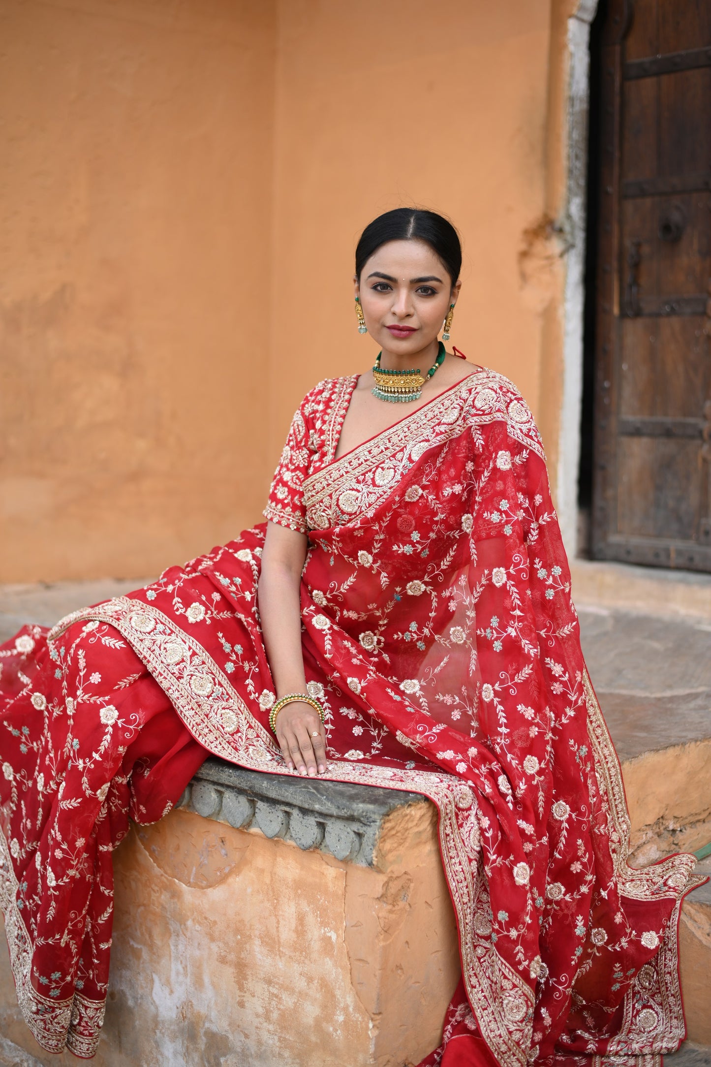 Dastoor Red Saree With Zardozi Work