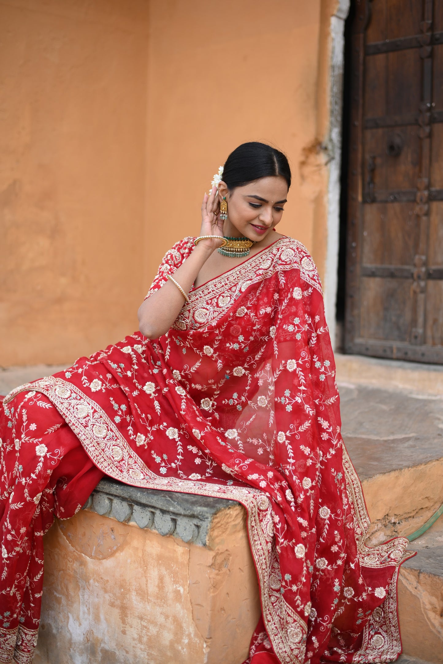Dastoor Red Saree With Zardozi Work