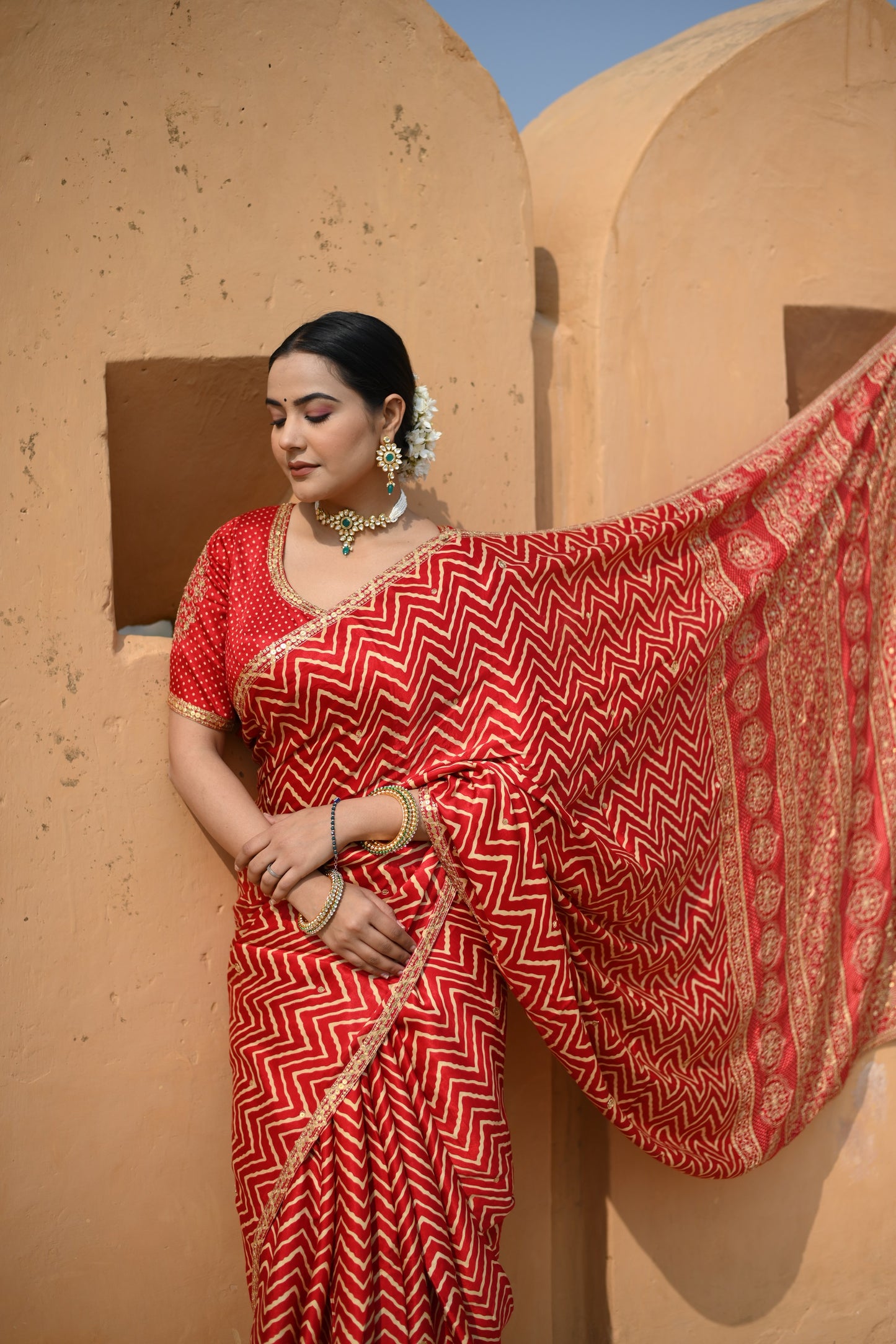 Crimson Red Gajji Silk Printed Saree With Embellishment