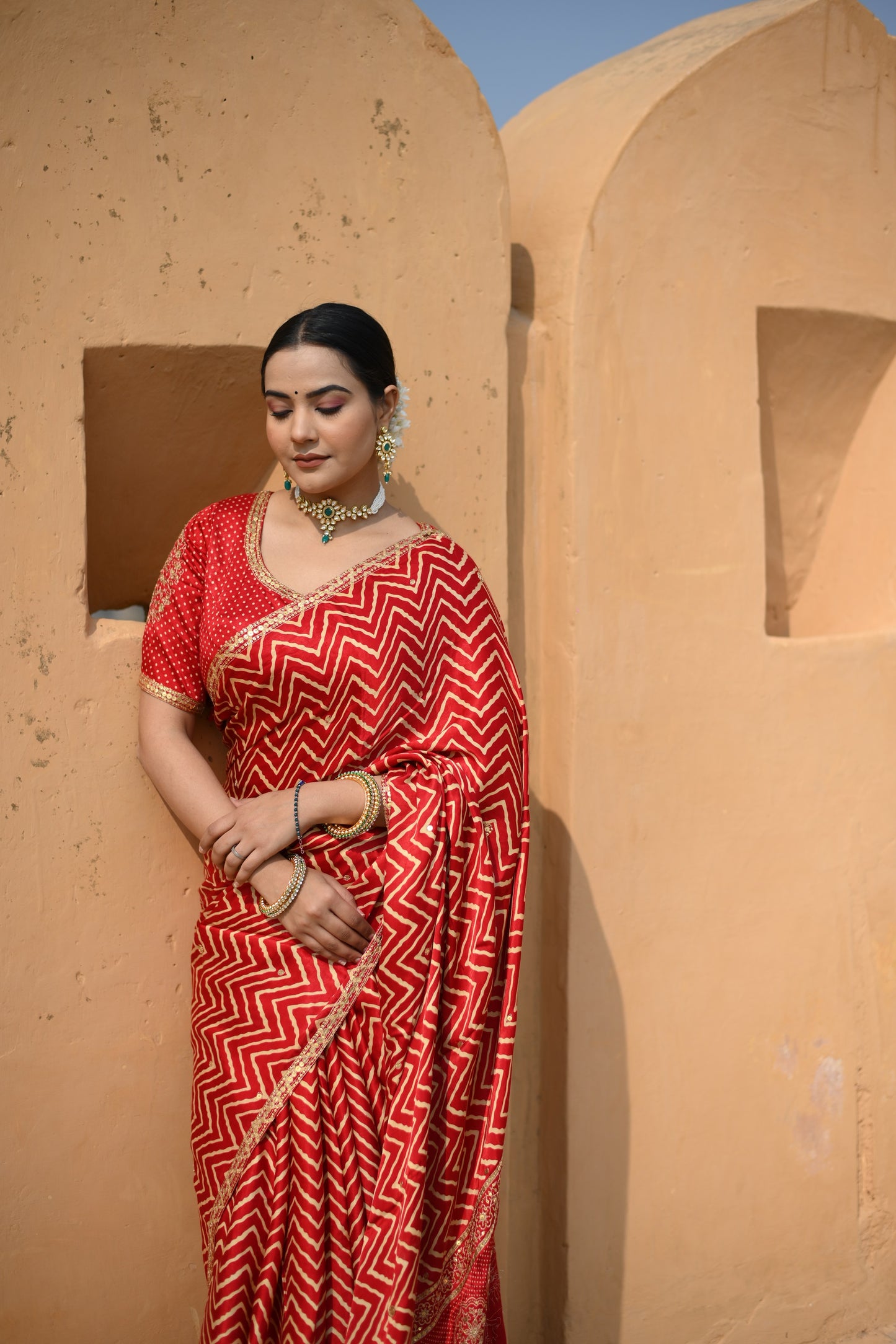 Crimson Red Gajji Silk Printed Saree With Embellishment