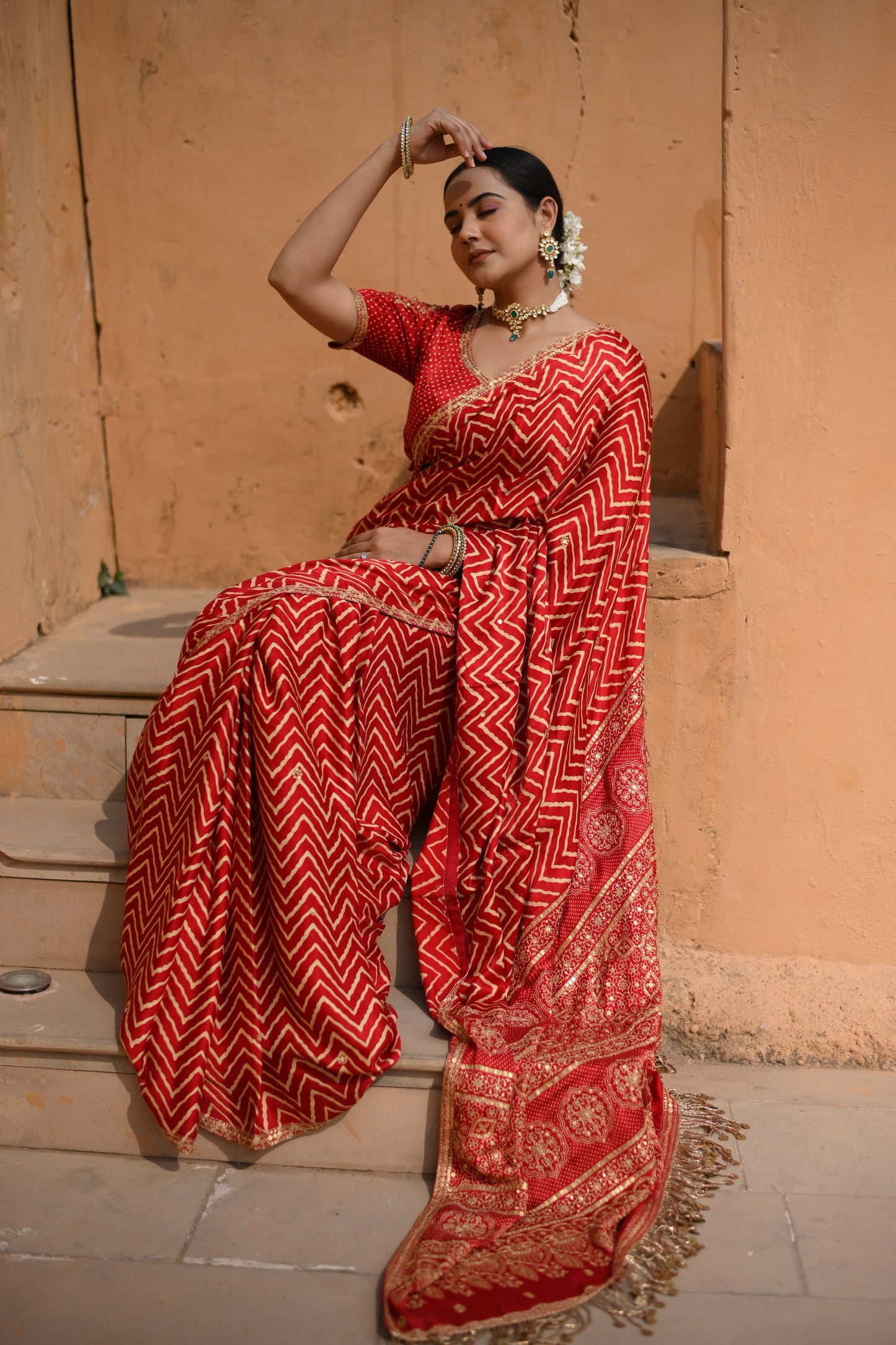 Crimson Red Gajji Silk Printed Saree With Embellishment