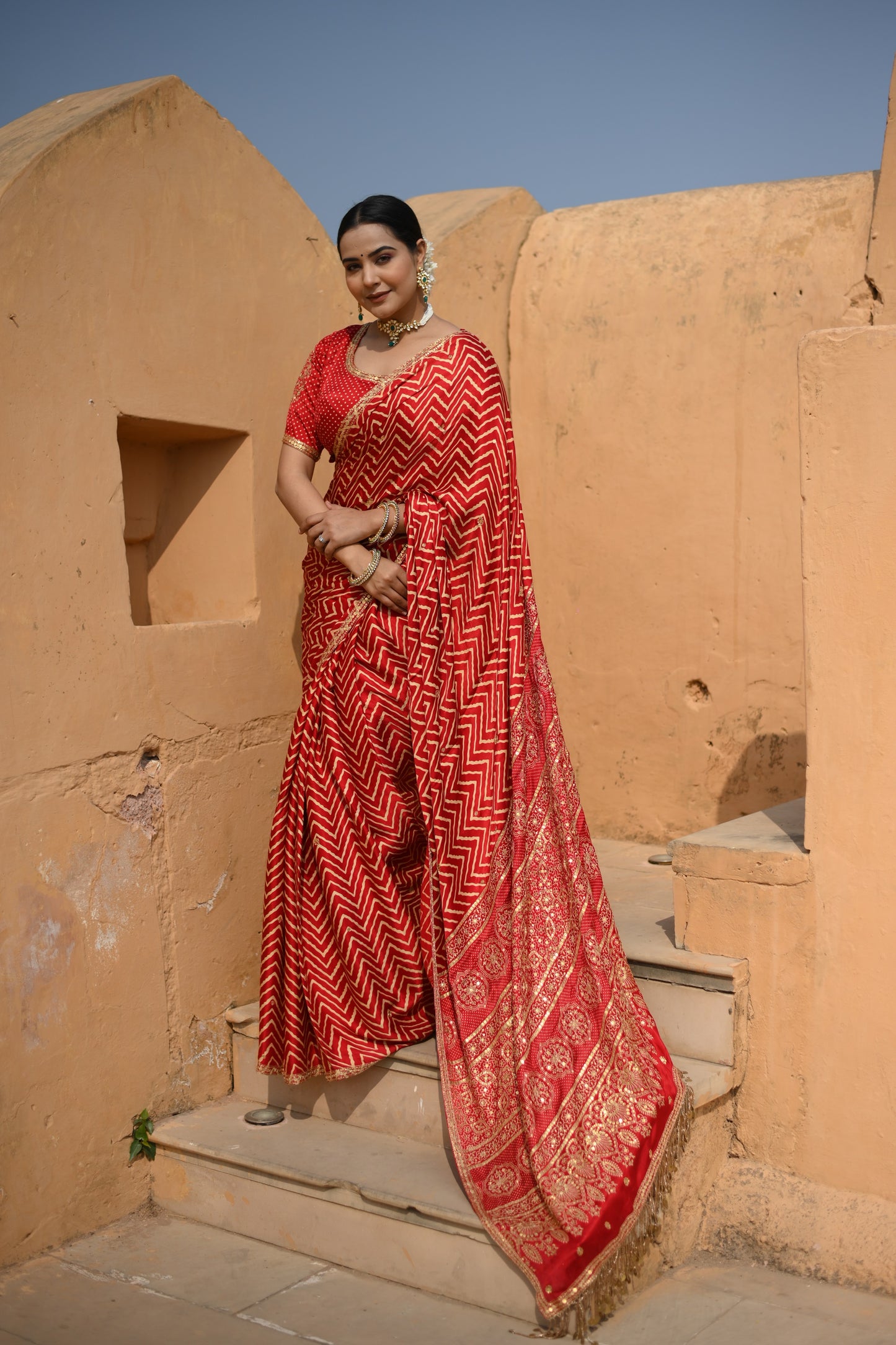 Crimson Red Gajji Silk Printed Saree With Embellishment