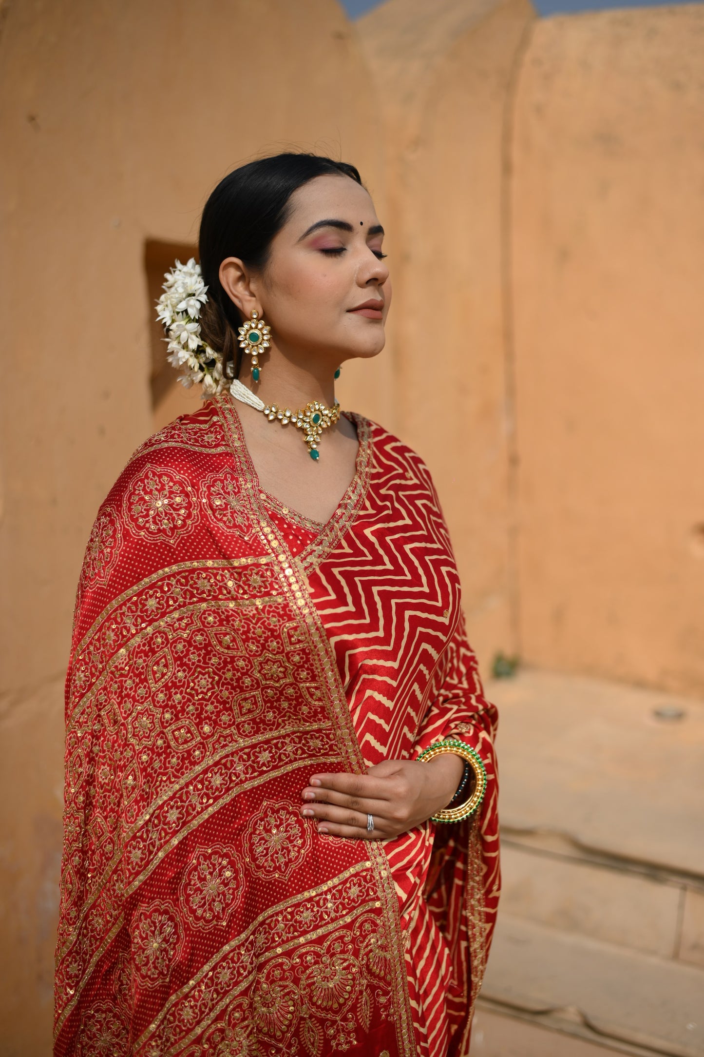 Crimson Red Gajji Silk Printed Saree With Embellishment