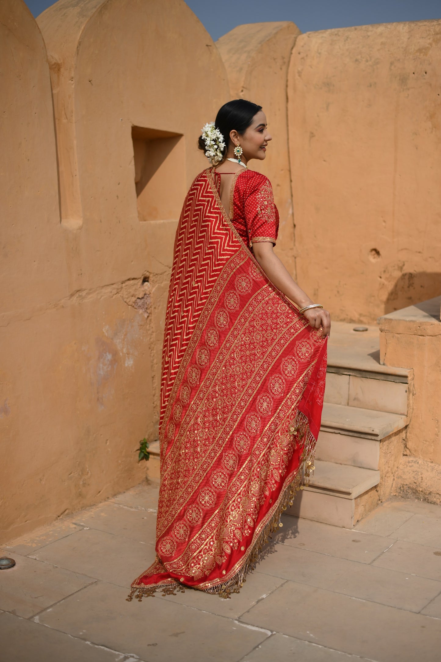 Crimson Red Gajji Silk Printed Saree With Embellishment
