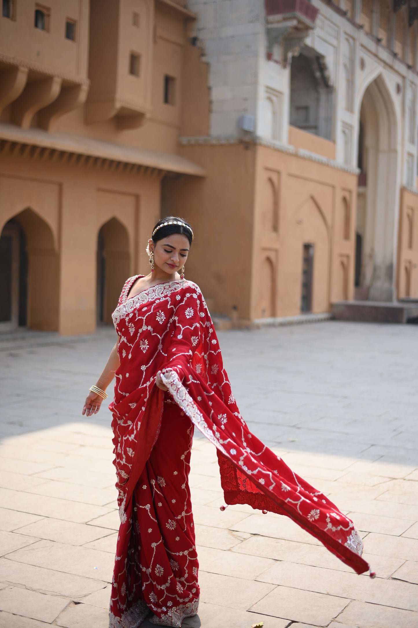 Rose Red Crape Silk Embellished Royal Saree