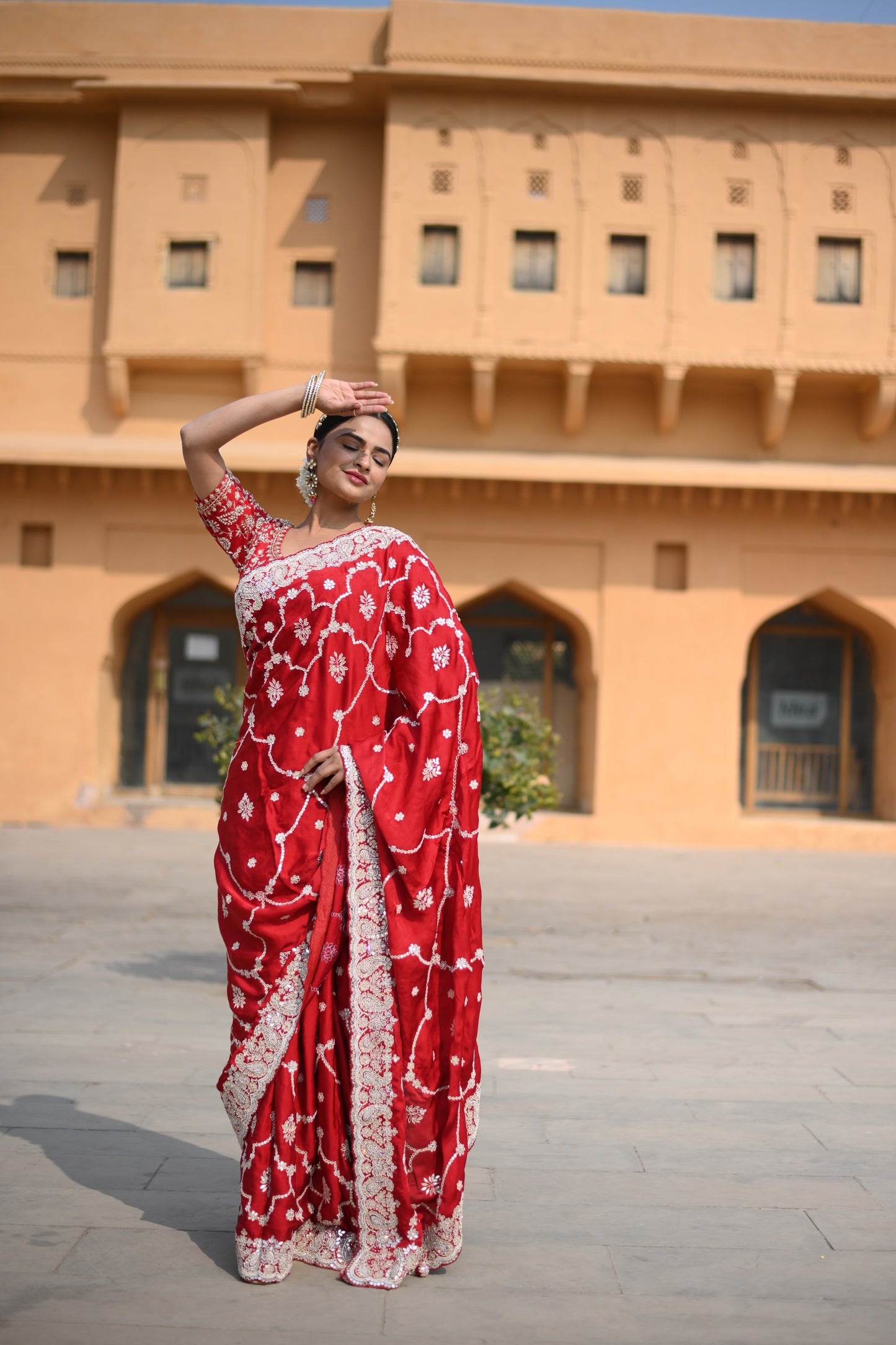 Rose Red Crape Silk Embellished Royal Saree