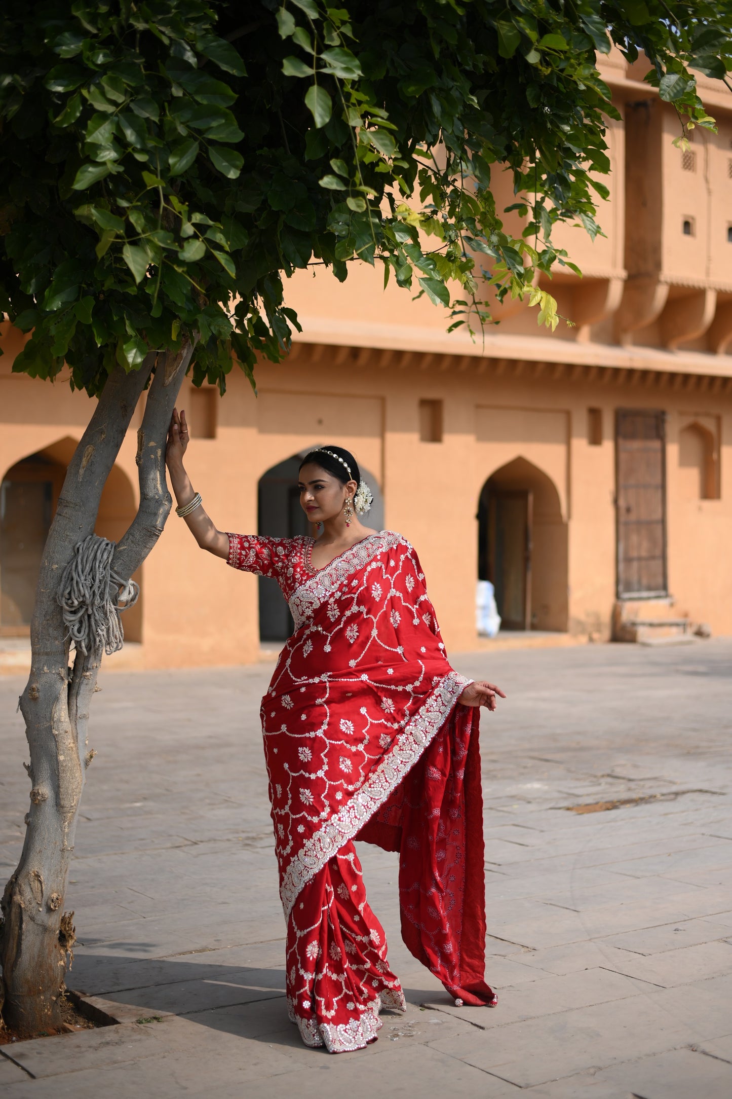 Rose Red Crape Silk Embellished Royal Saree