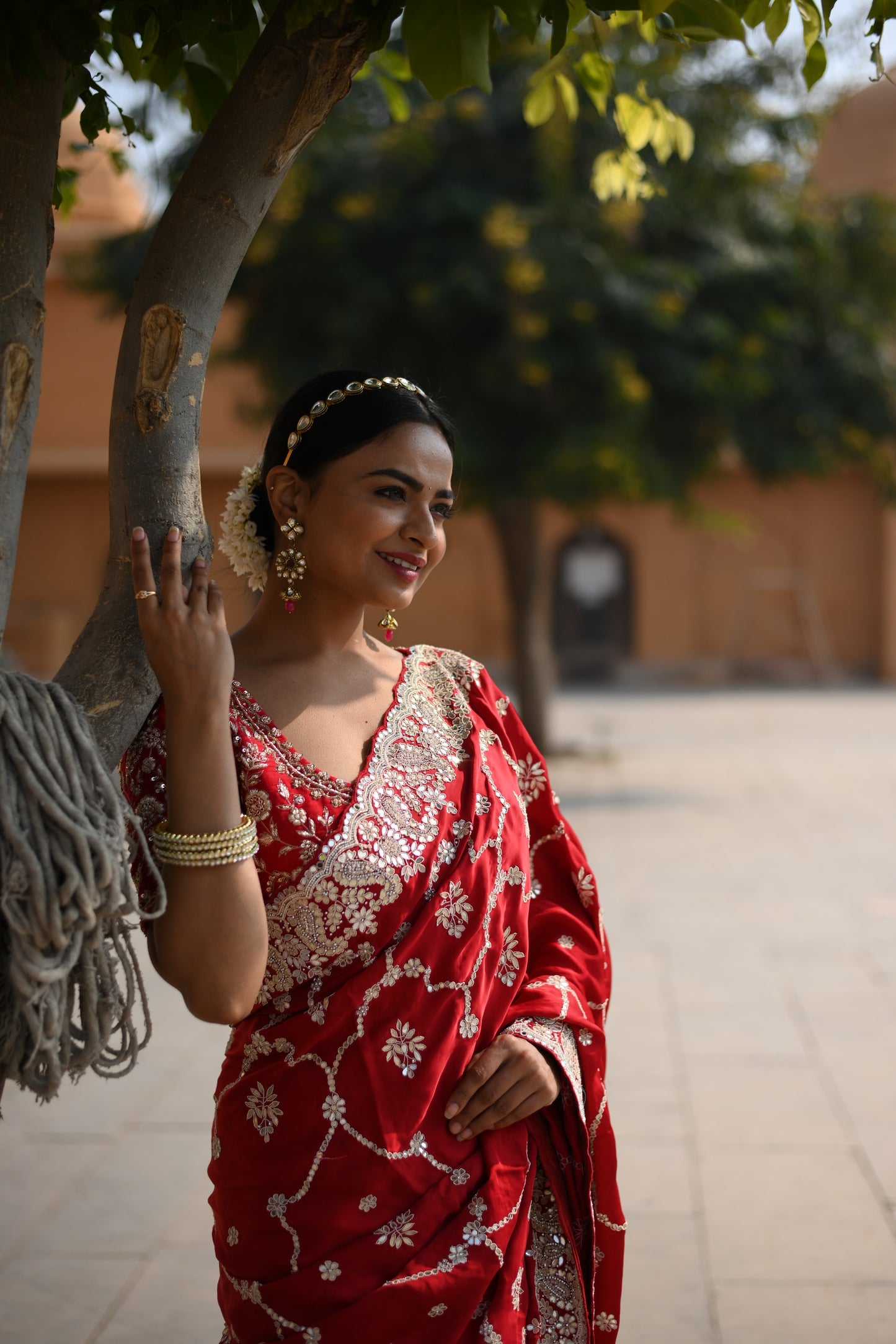 Rose Red Crape Silk Embellished Royal Saree