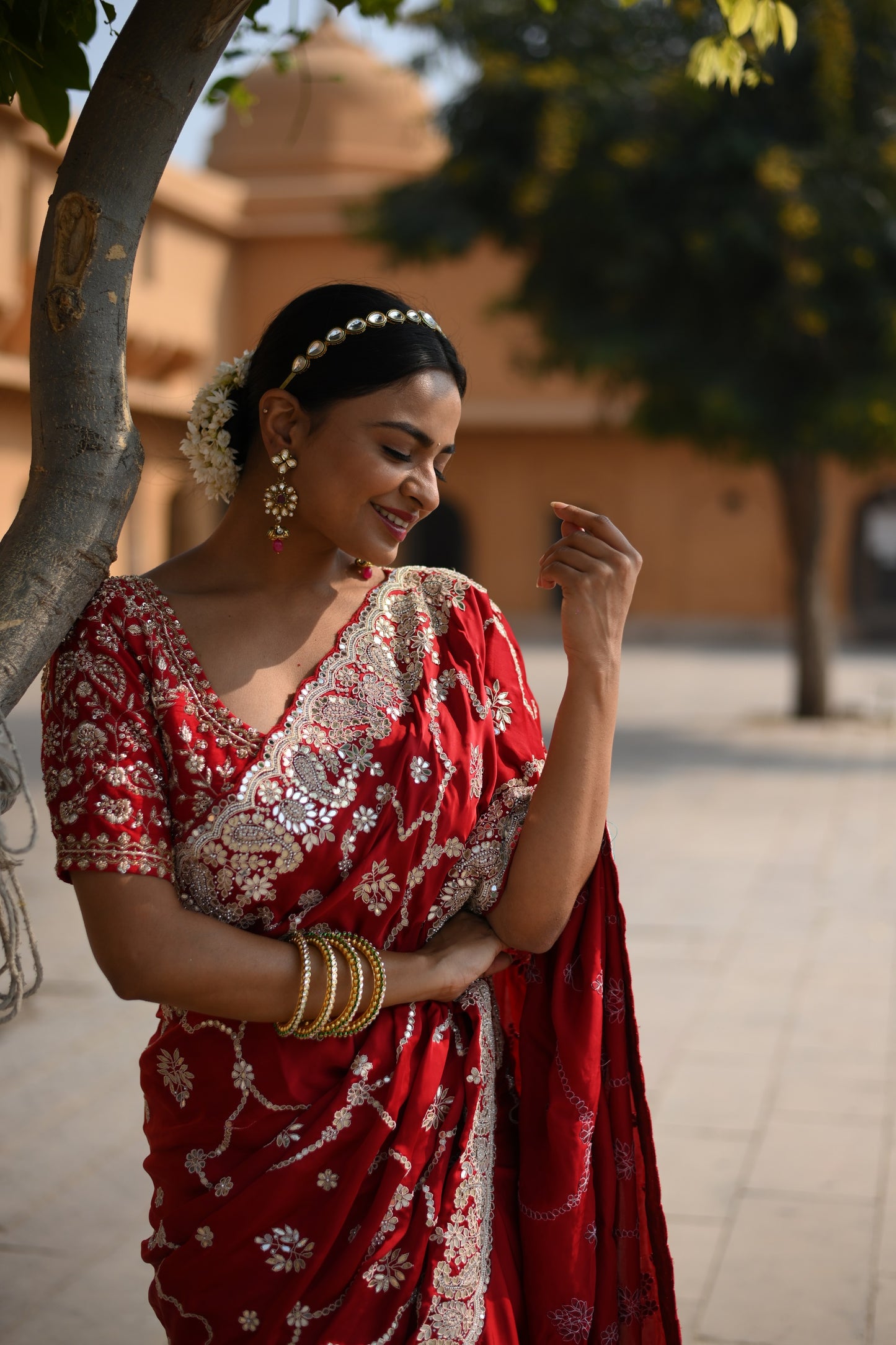 Rose Red Crape Silk Embellished Royal Saree
