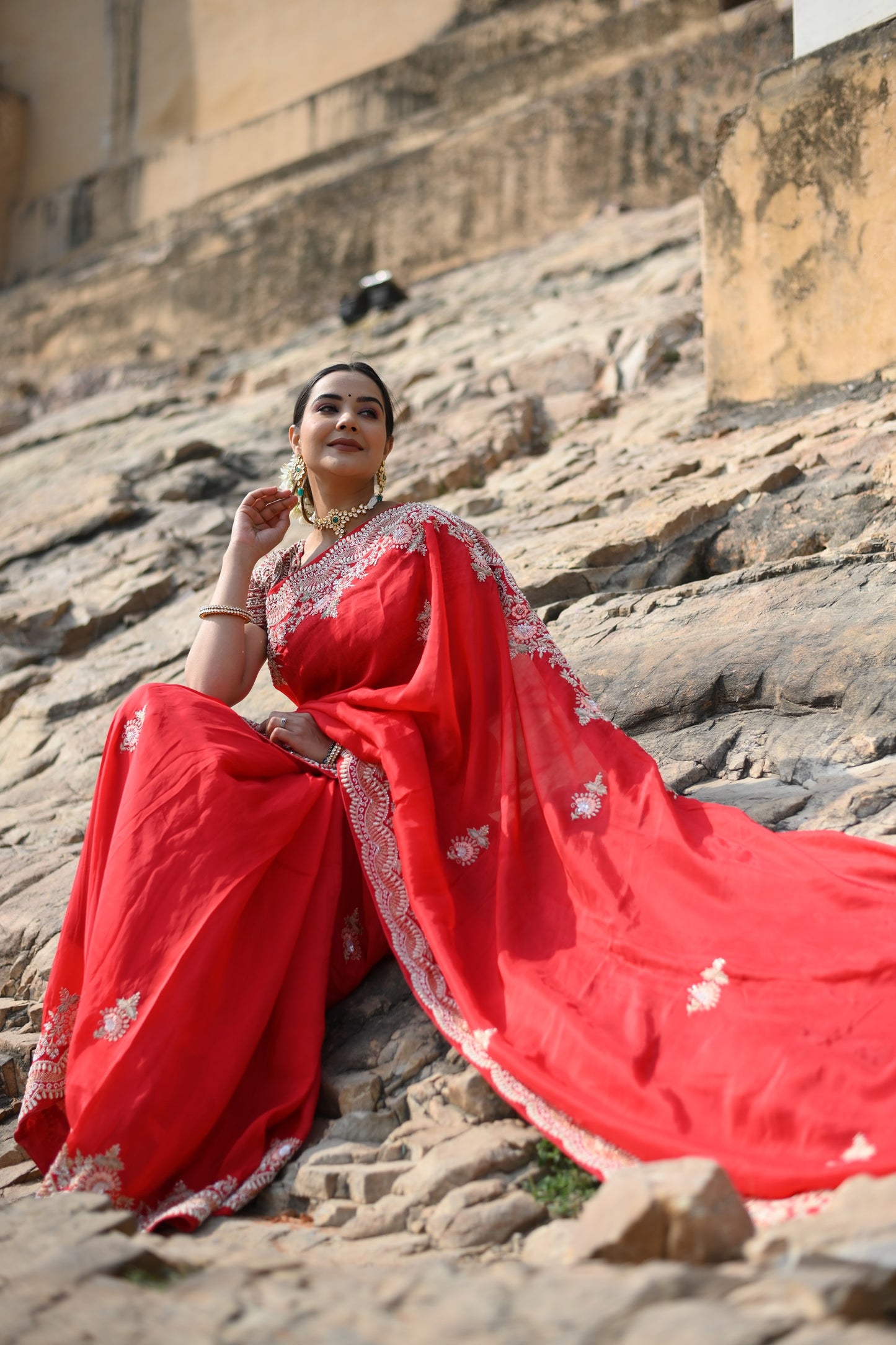 Candy Red Pure Organza hand Work Saree