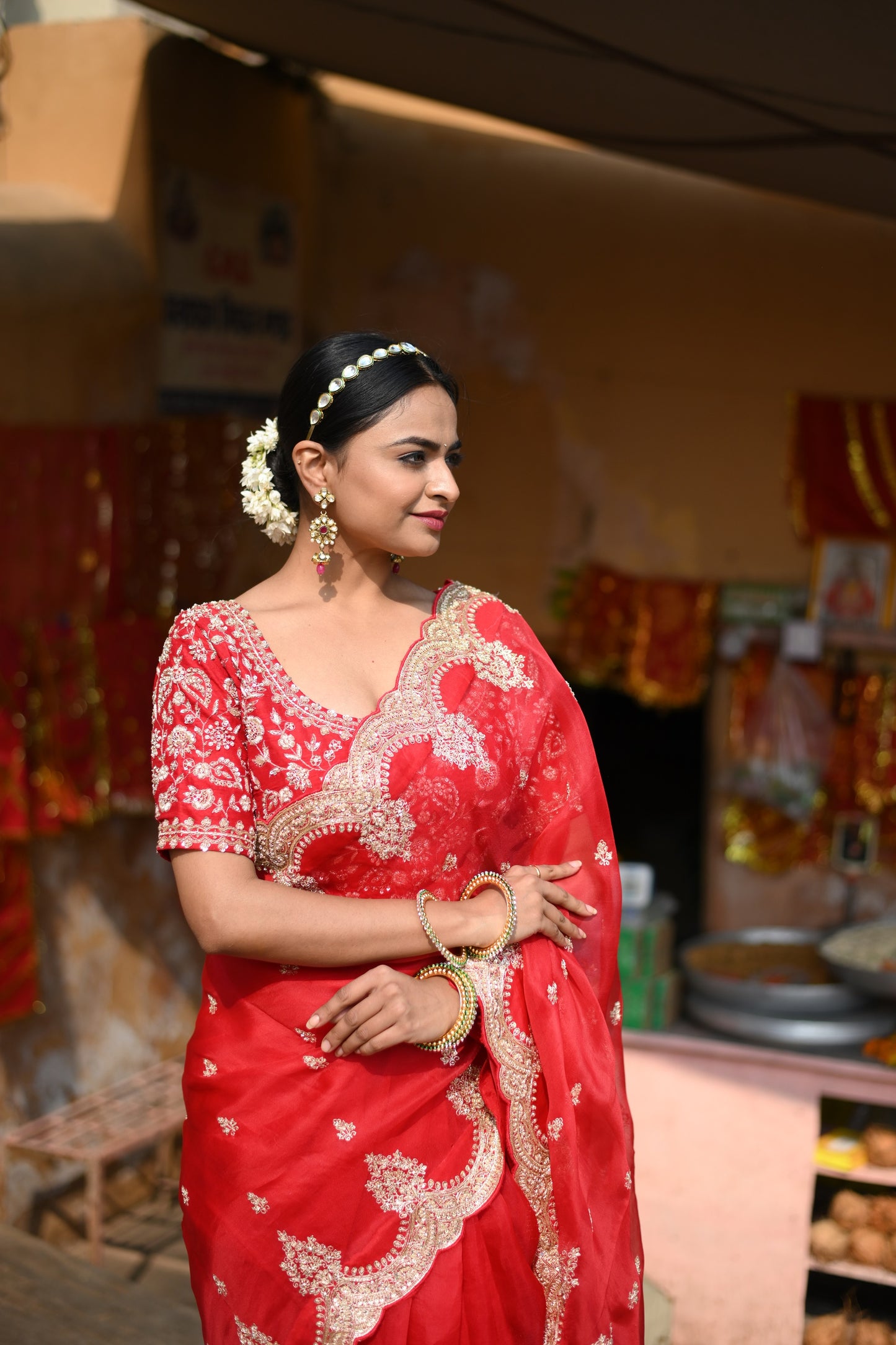 Apple Red Saree In Organza Having Royal Heritage Work