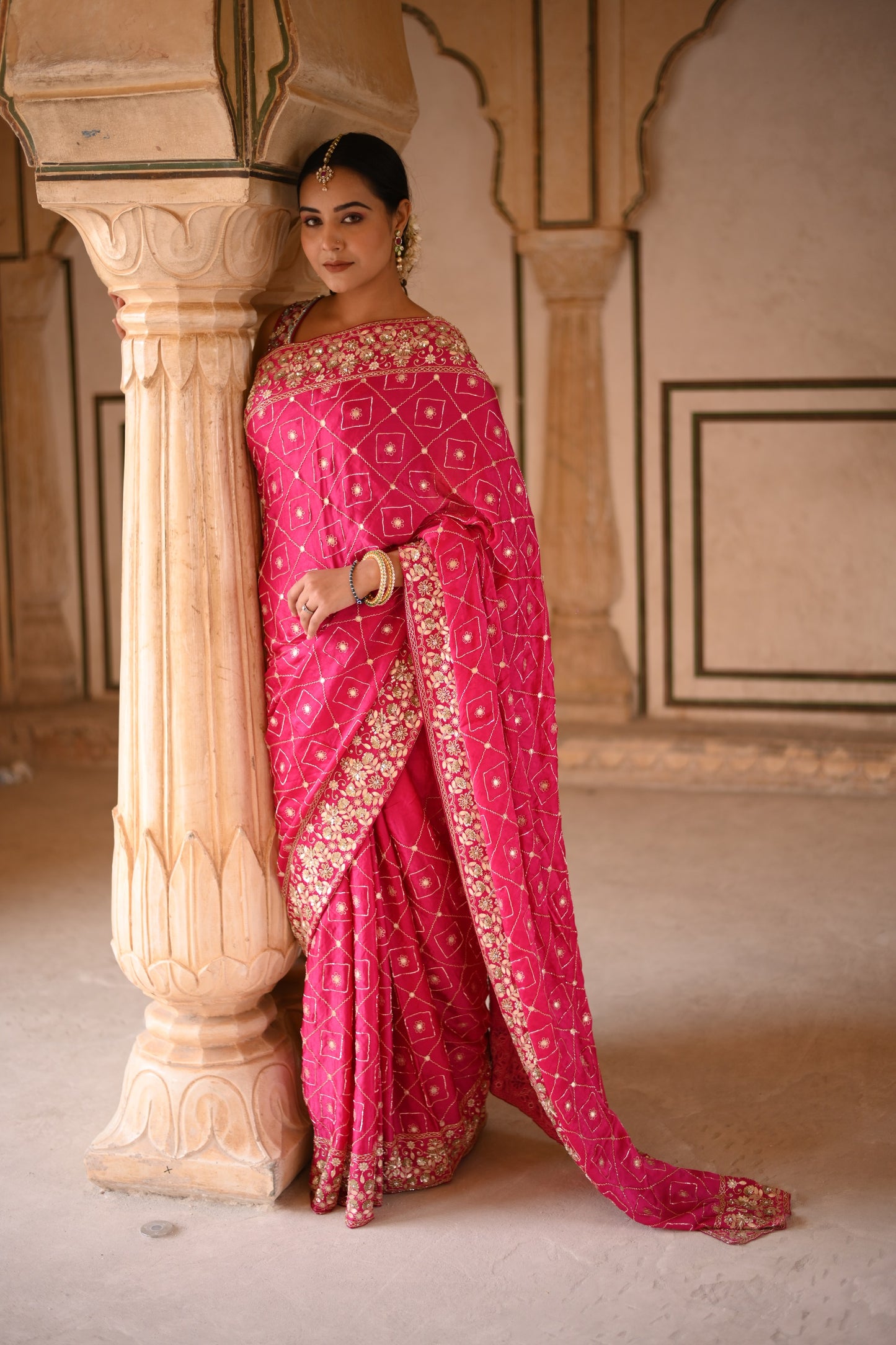 Ruby Pink Crape Silk  Hand Work Saree
