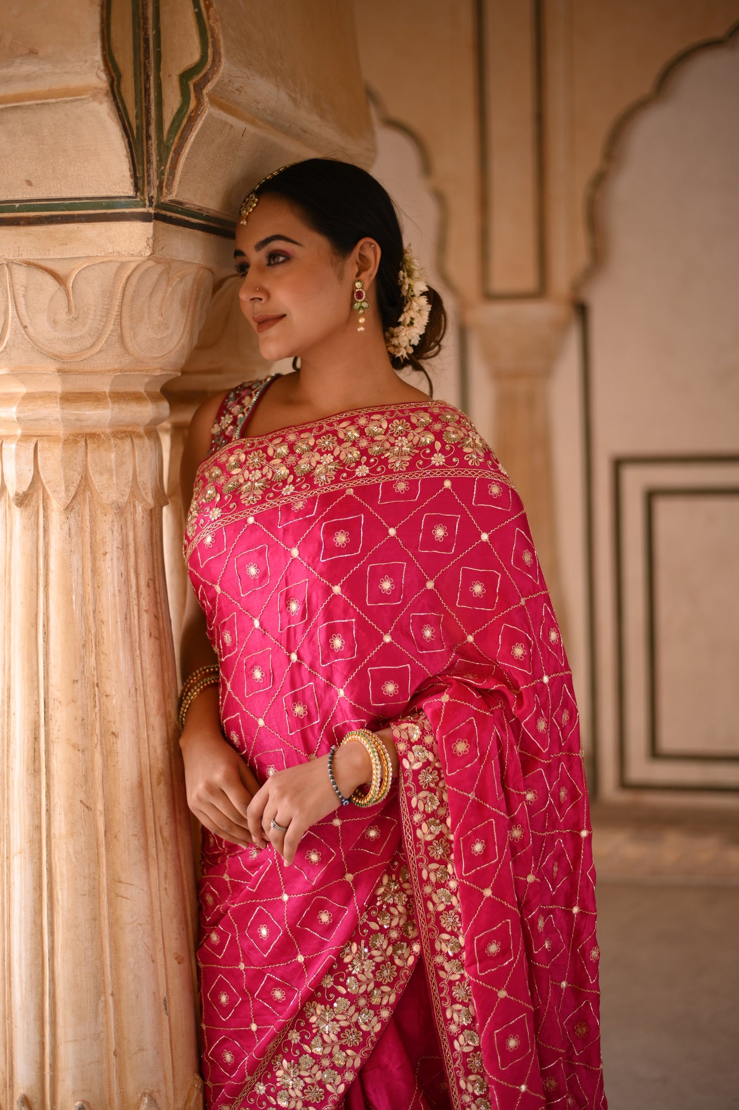 Ruby Pink Crape Silk  Hand Work Saree