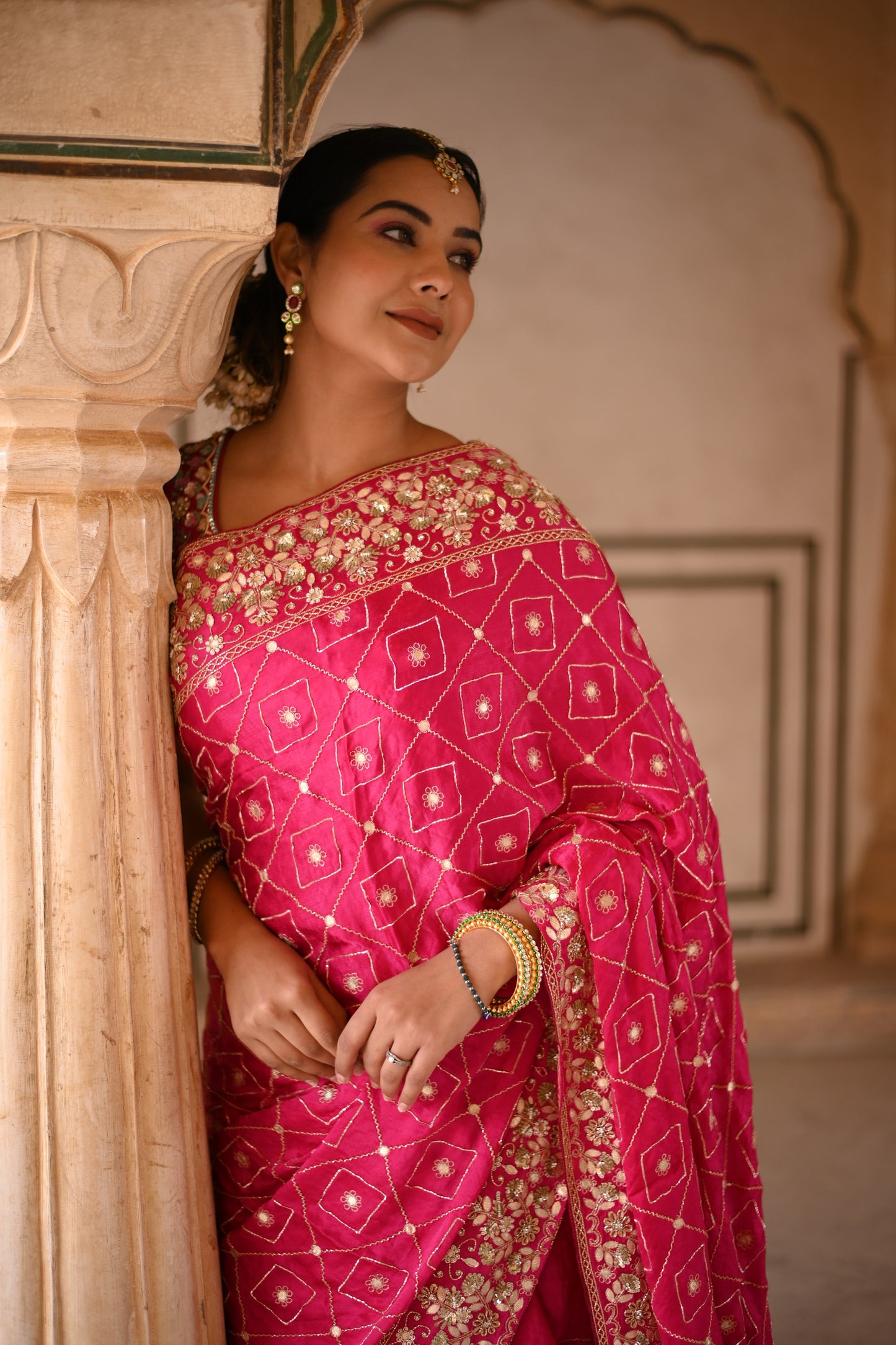 Ruby Pink Crape Silk  Hand Work Saree