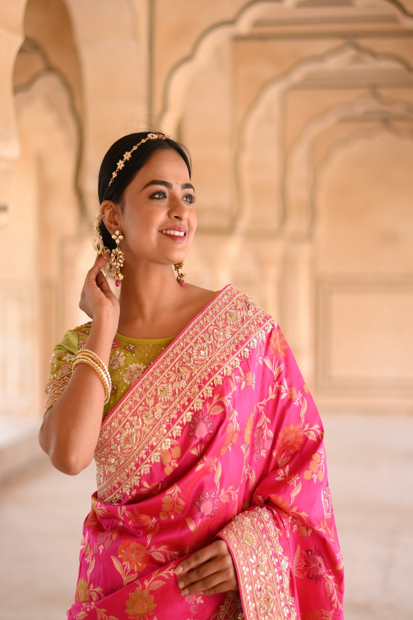 Magenta Pink Self Woven And Embellished Saree