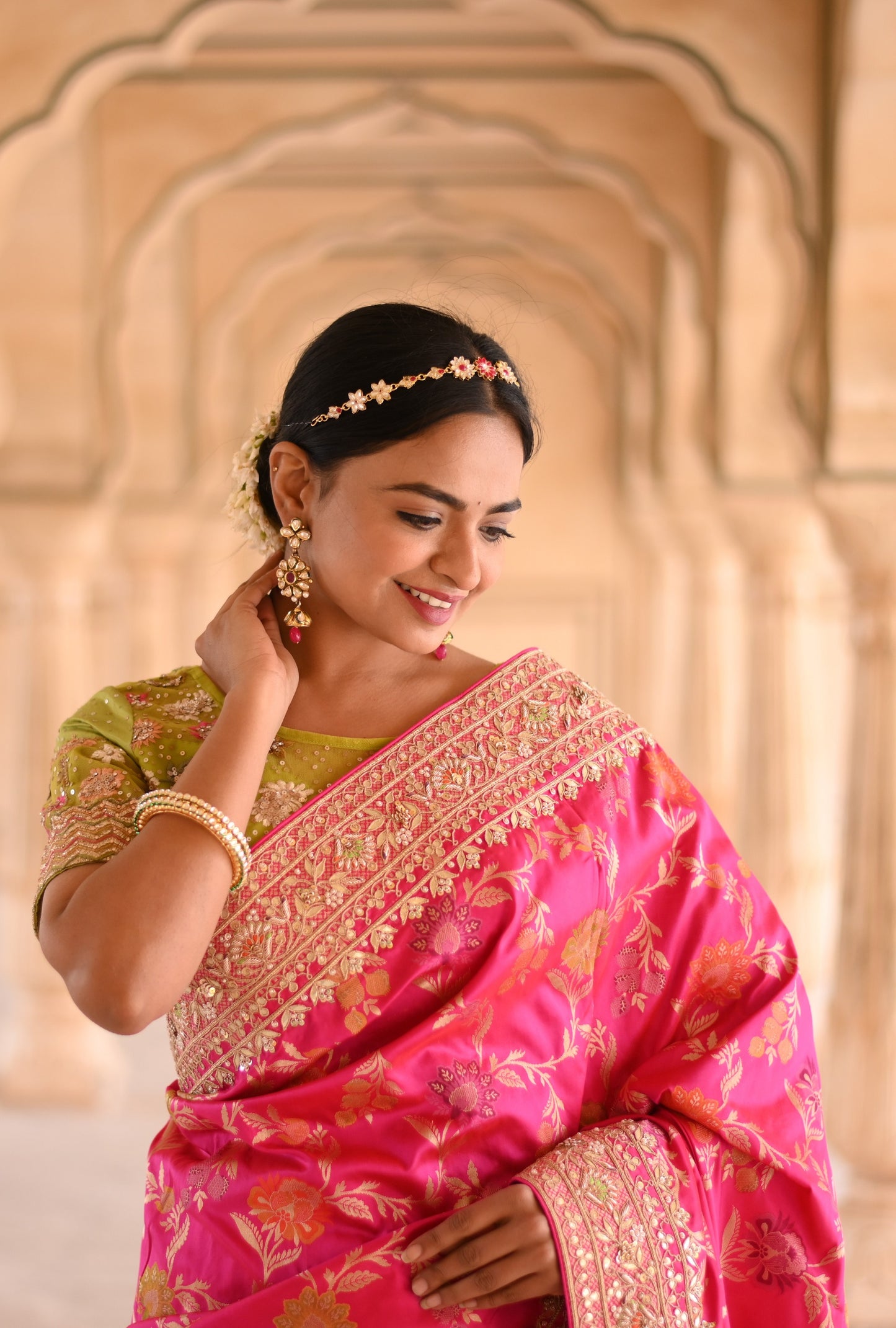 Magenta Pink Self Woven And Embellished Saree