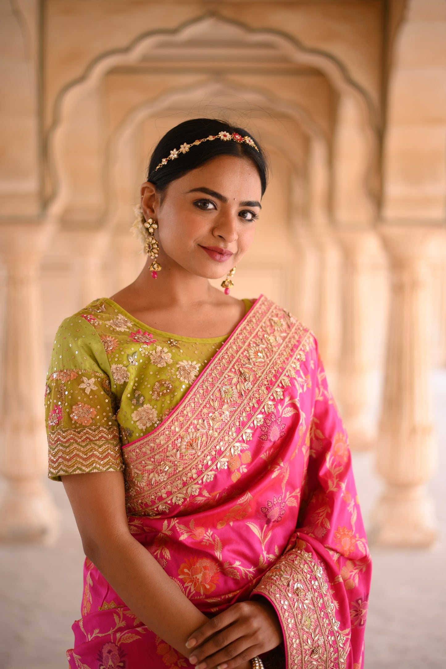 Magenta Pink Self Woven And Embellished Saree