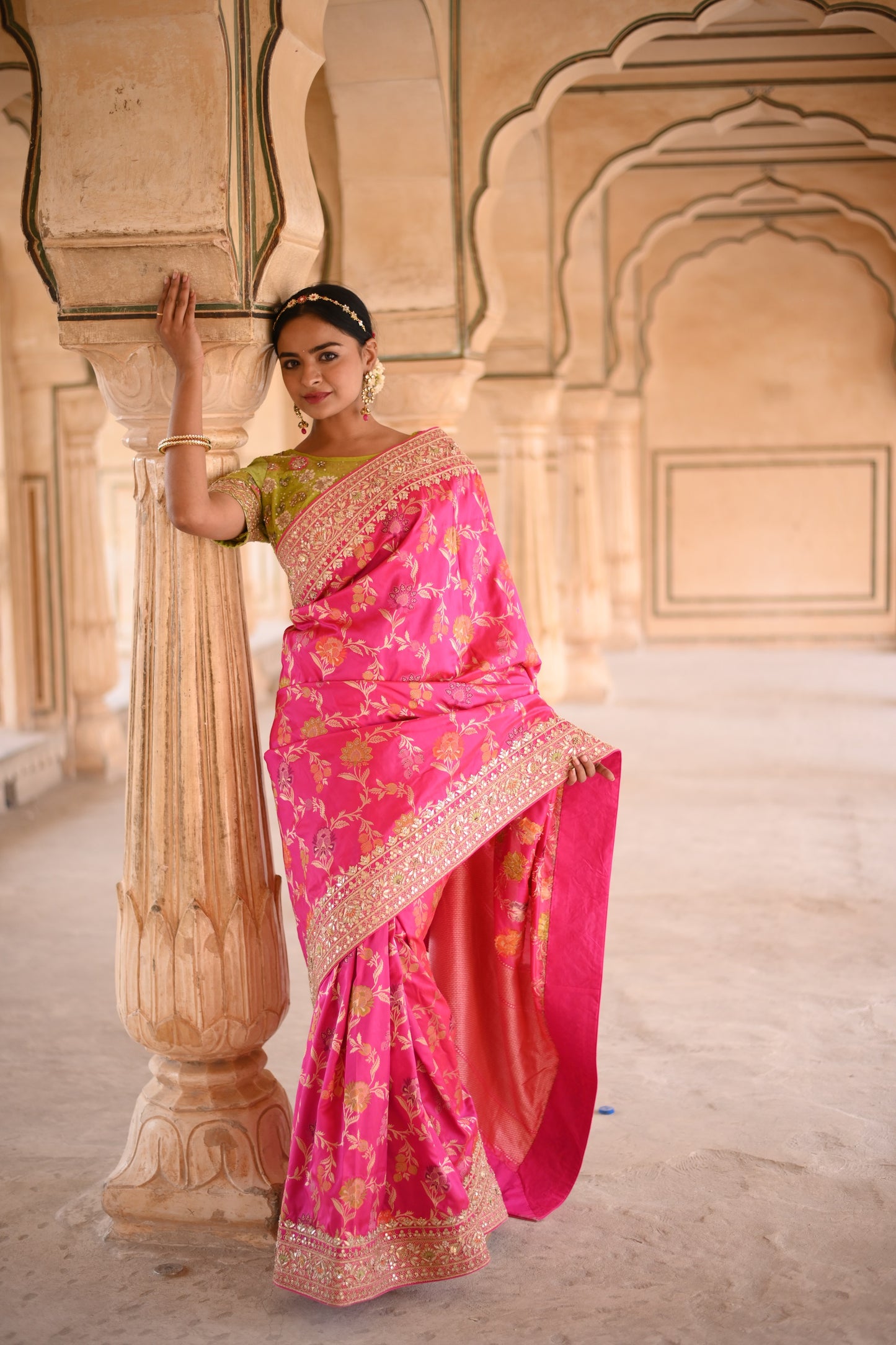 Magenta Pink Self Woven And Embellished Saree