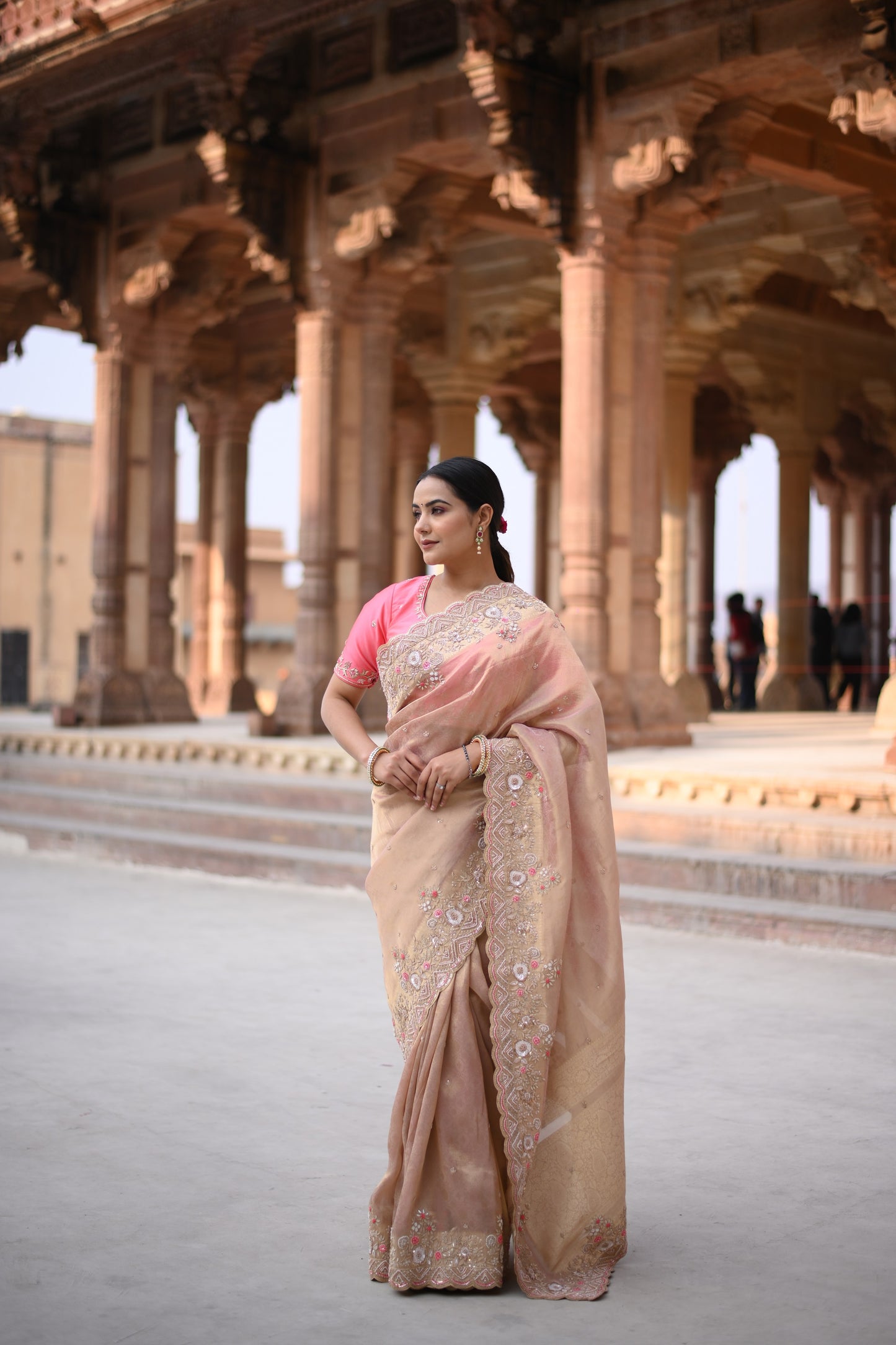 Rose Gold Banarasi Woven Hand Work Saree