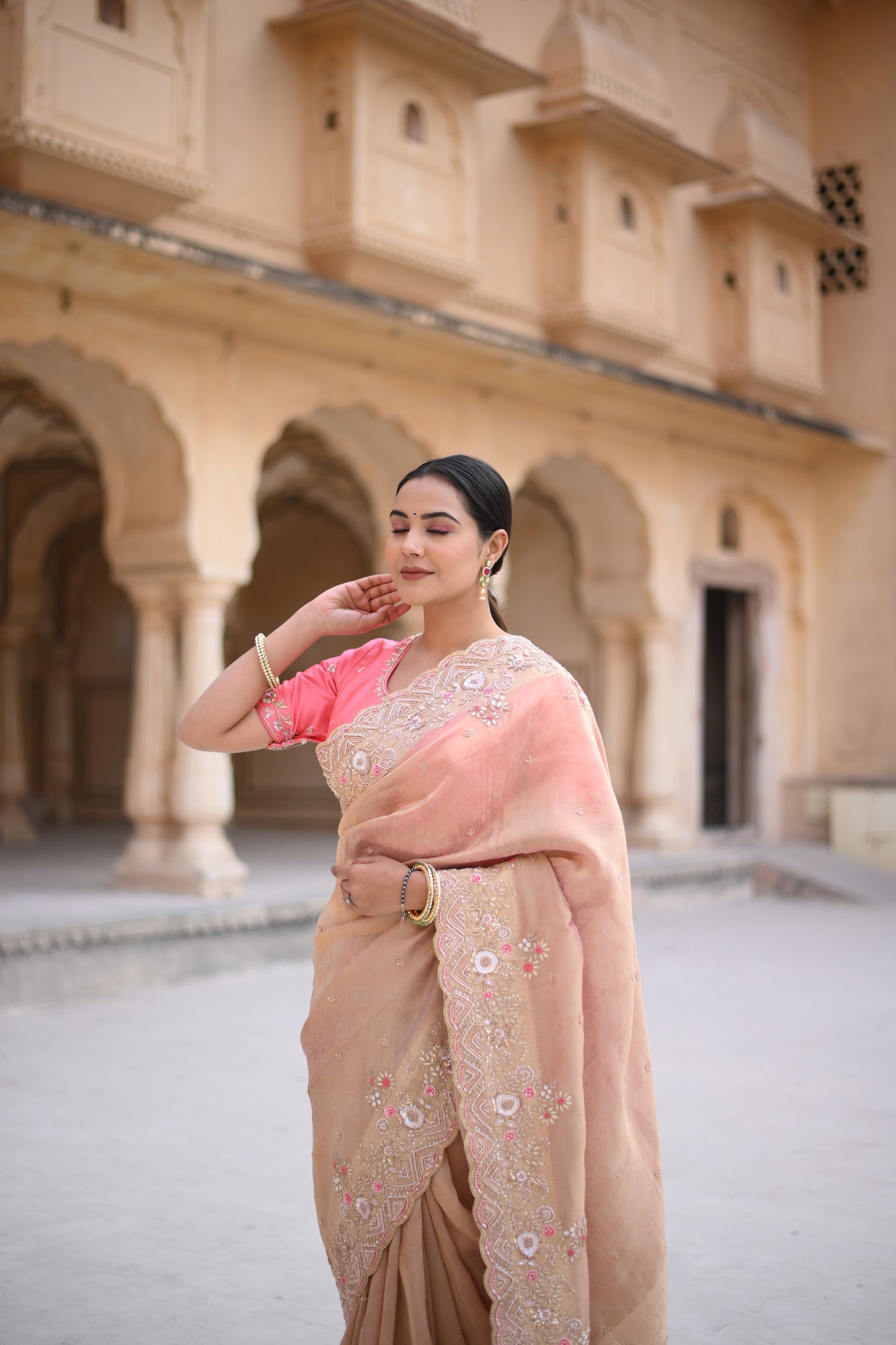 Rose Gold Banarasi Woven Hand Work Saree